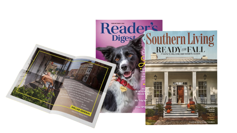 Three magazines titled 'Reader's Digest', 'Southern Living', and an open magazine with a photo of a man on a porch and an advertisement for Dollar General, lying on a black surface.
