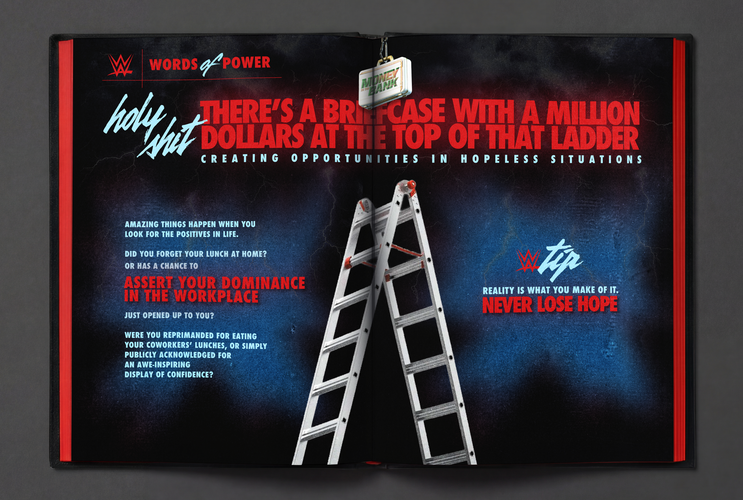 Open magazine spread featuring a stepladder, WWF logo, and text about creating opportunities in hopeless situations with emphasis on hope and dominance in the workplace.