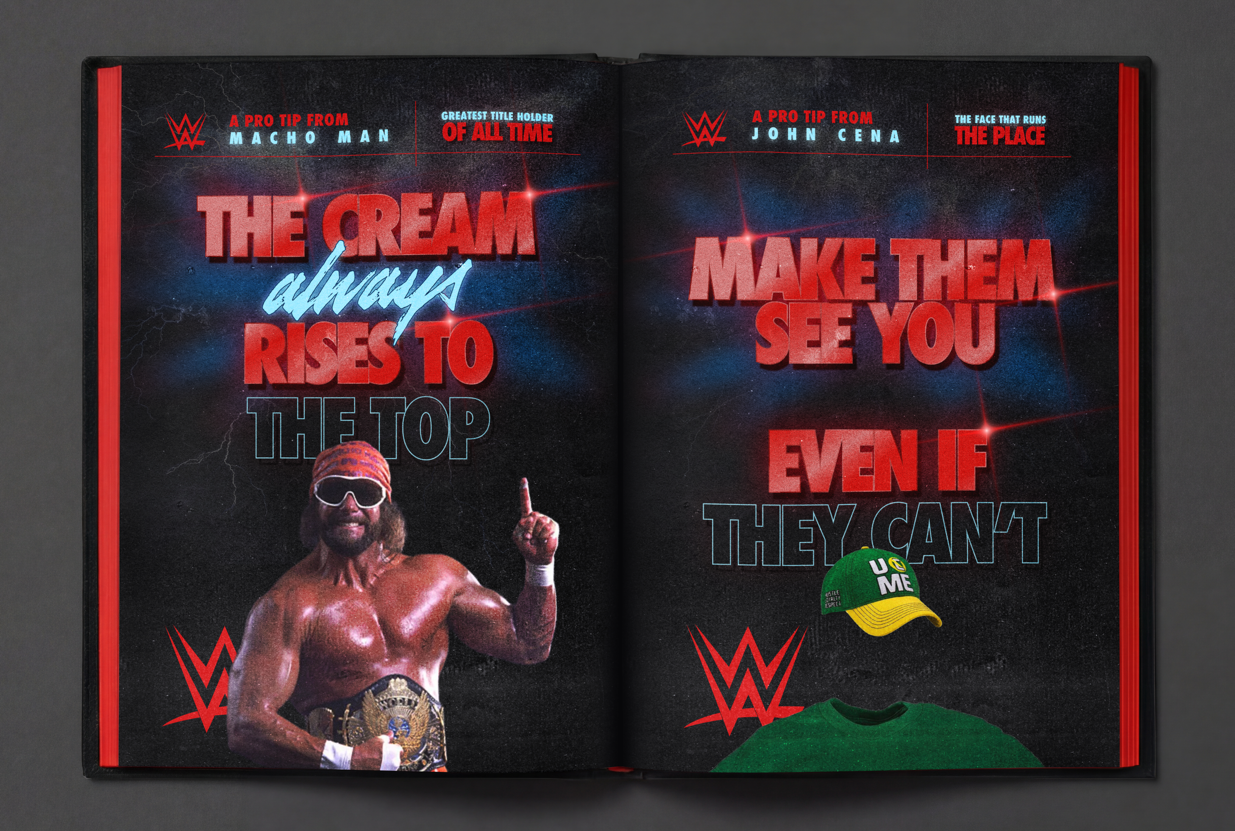 A magazine spread featuring professional wrestling tips. The left page highlights Macho Man with a championship belt, sunglasses, and a colorful headband, with the quote "The cream always rises to the top." The right page displays another quote, "Make them see you even if they can't," alongside a green and yellow cap, a green shirt, and the WWE logo.