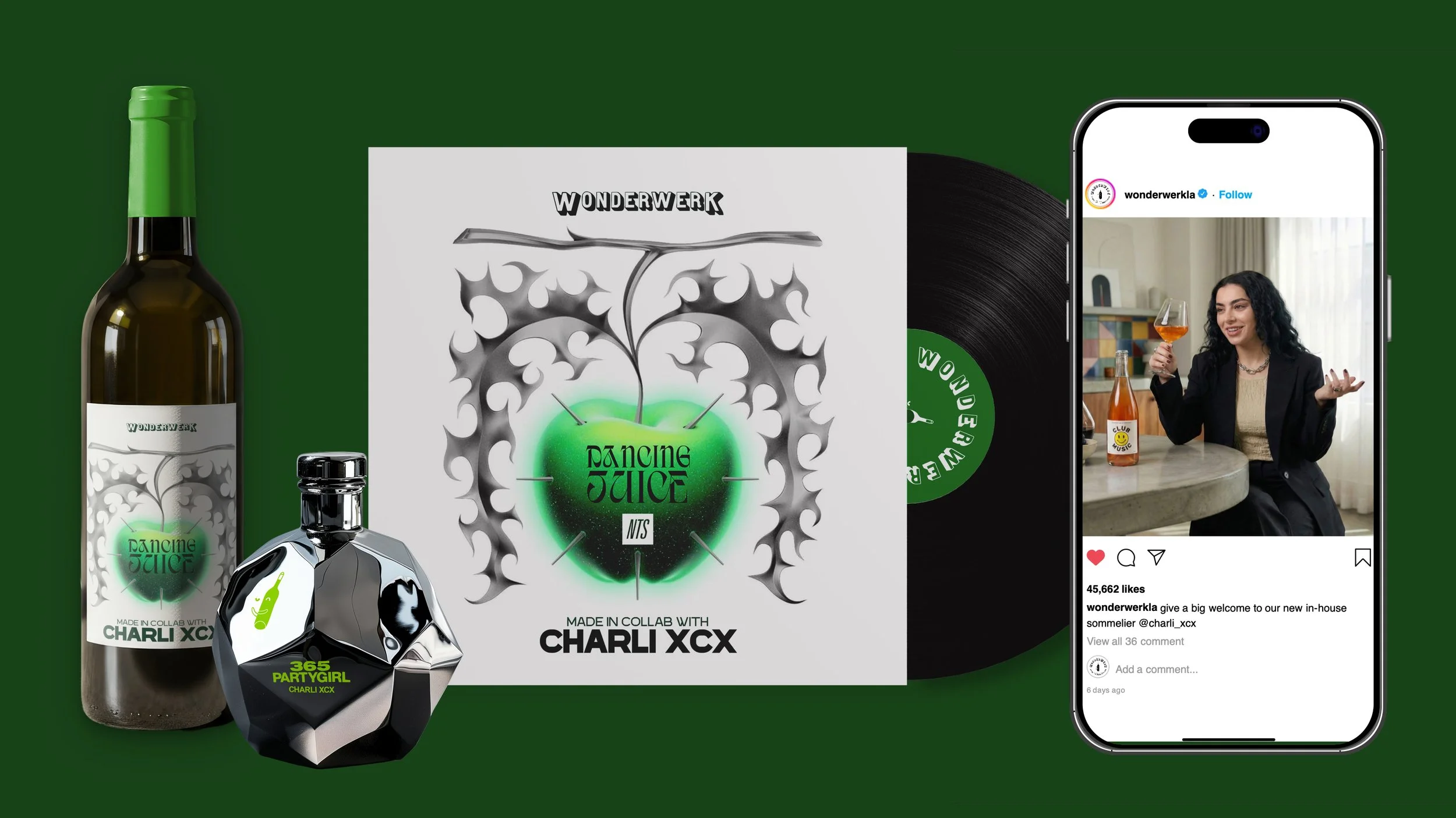 A bottle of Wonderwerk 'Dance Juice' drink with a white label, a crushed metallic container labeled '365 PARTYGIRL,' a vinyl record, and a smartphone displaying a woman holding a glass of wine in a room with a bottle of 'CLUP' wine on the table, all set against a green background.
