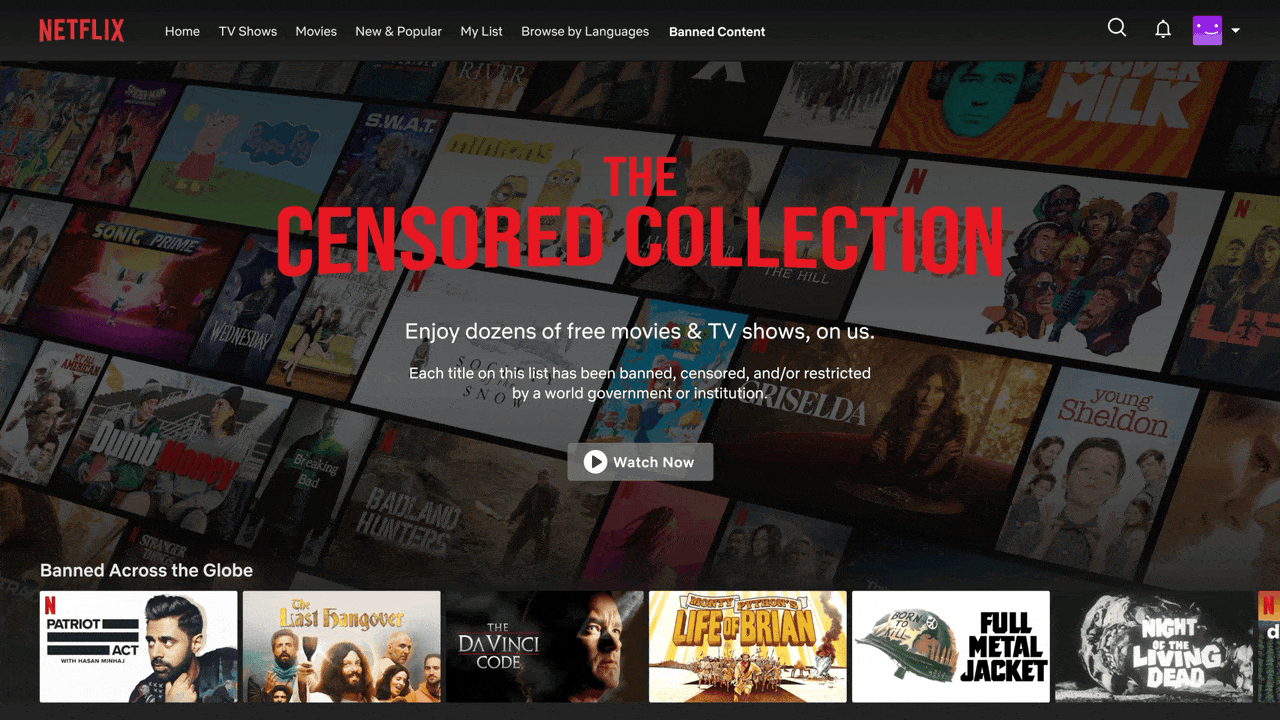 Netflix homepage showcasing 'Censored Collection' with a collage of various TV show and movie posters in the background, and introductory text about banned, censored, and restricted titles.