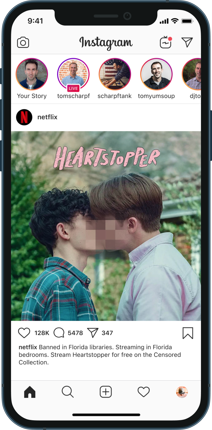Instagram post showing a promotional image for Netflix's "Heartstopper," featuring two young men kissing outdoors, with the title "Heartstopper" in pink text.
