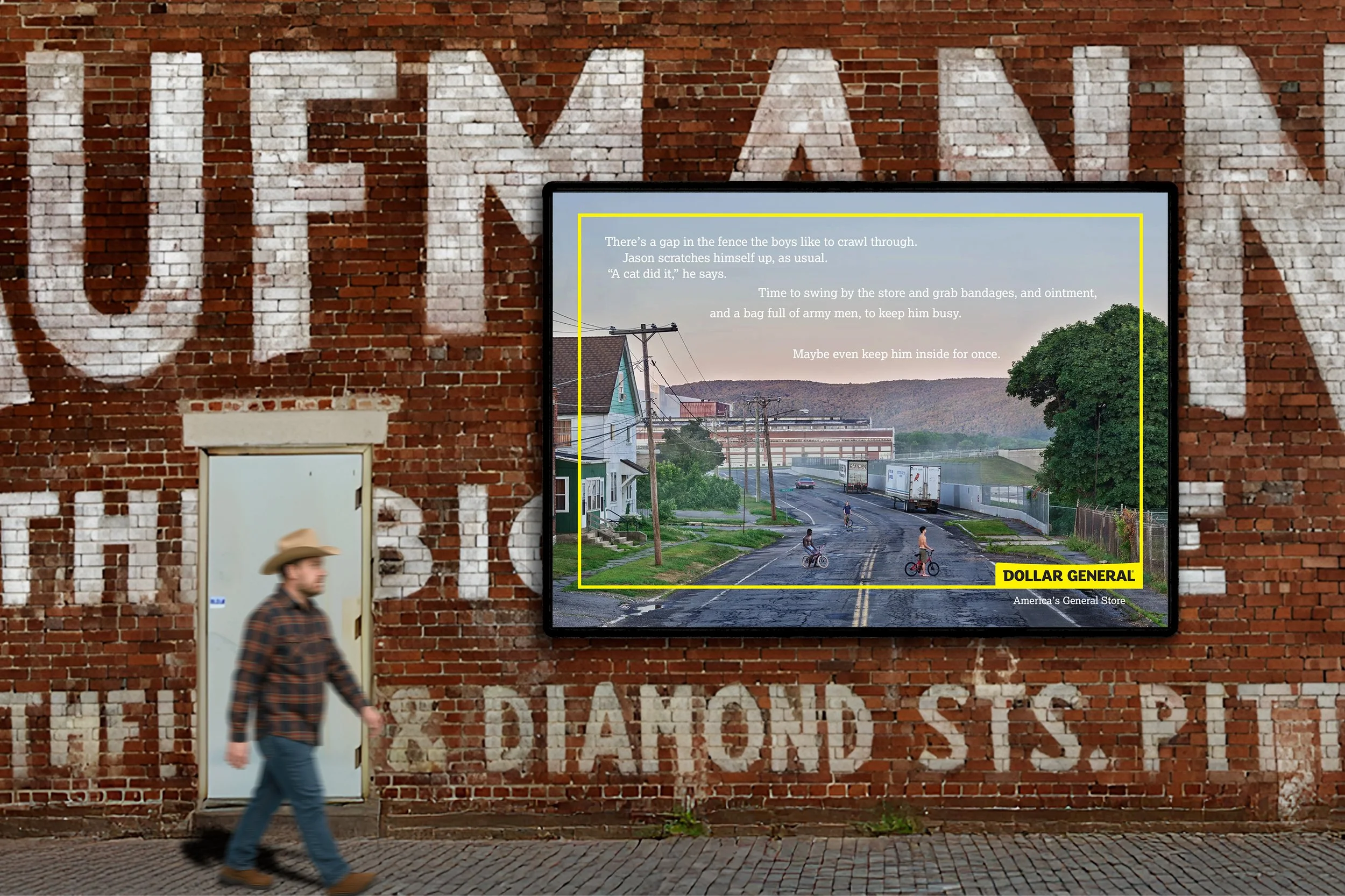 A man in a cowboy hat and plaid shirt walking past a red brick wall with white painted text that reads 'JET FUEL' and 'DIAMOND ST', with a large digital billboard advertising Dollar General store. The billboard features an image of a small town street with kids riding bikes and includes a quote about keeping a boy inside.
