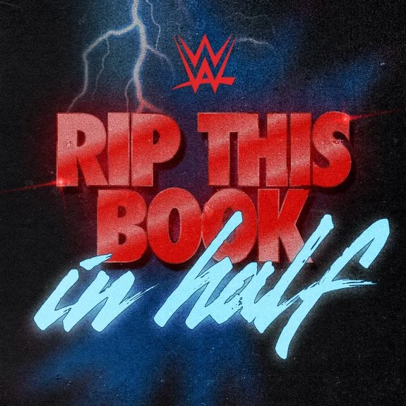 Book cover featuring the WWE logo, with the phrase 'Rip This Book In Half' in bold red and blue text, set against a stormy background with lightning.