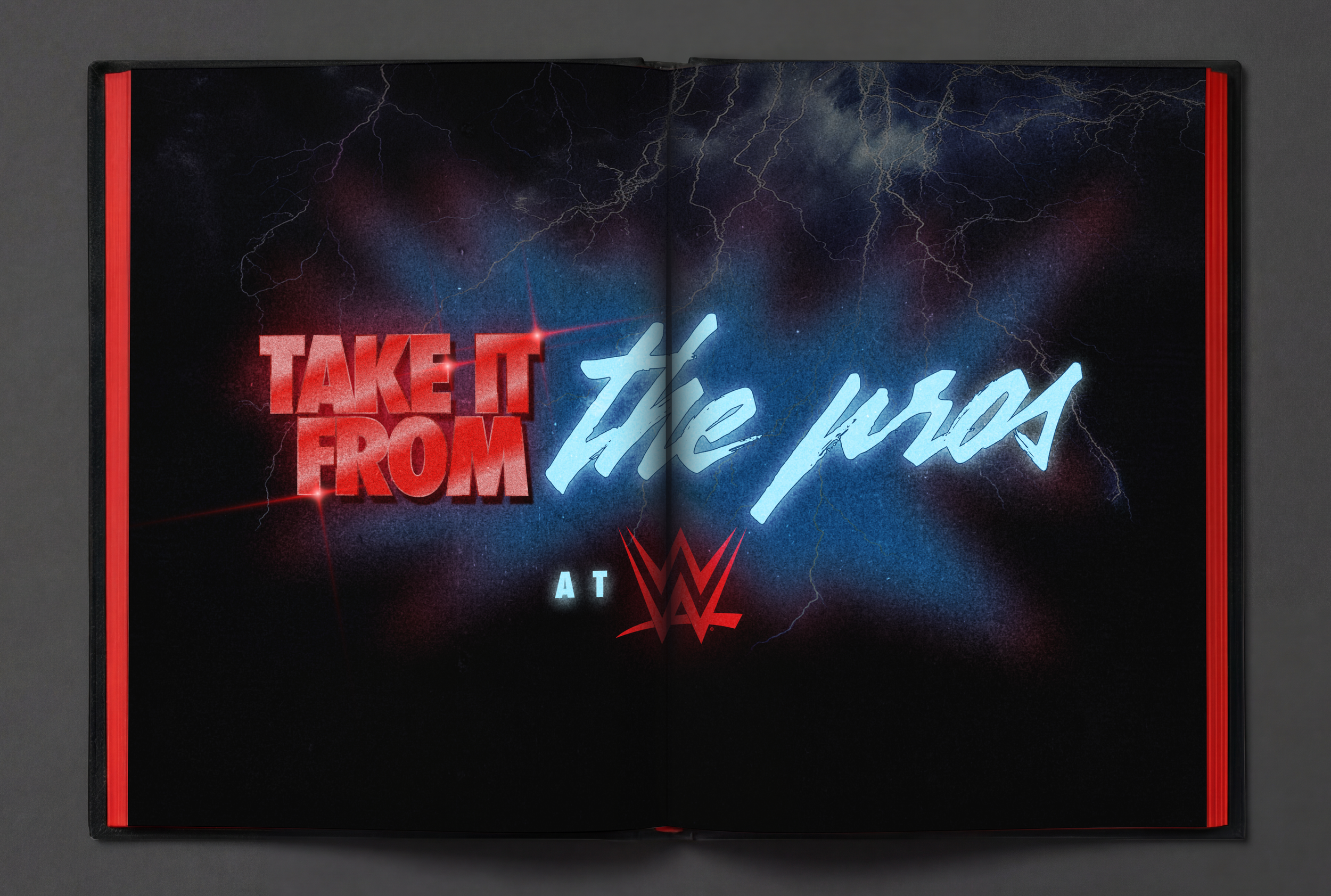 Book page with text 'Take It From The Pros at WWE' over a background of lightning and dark clouds.