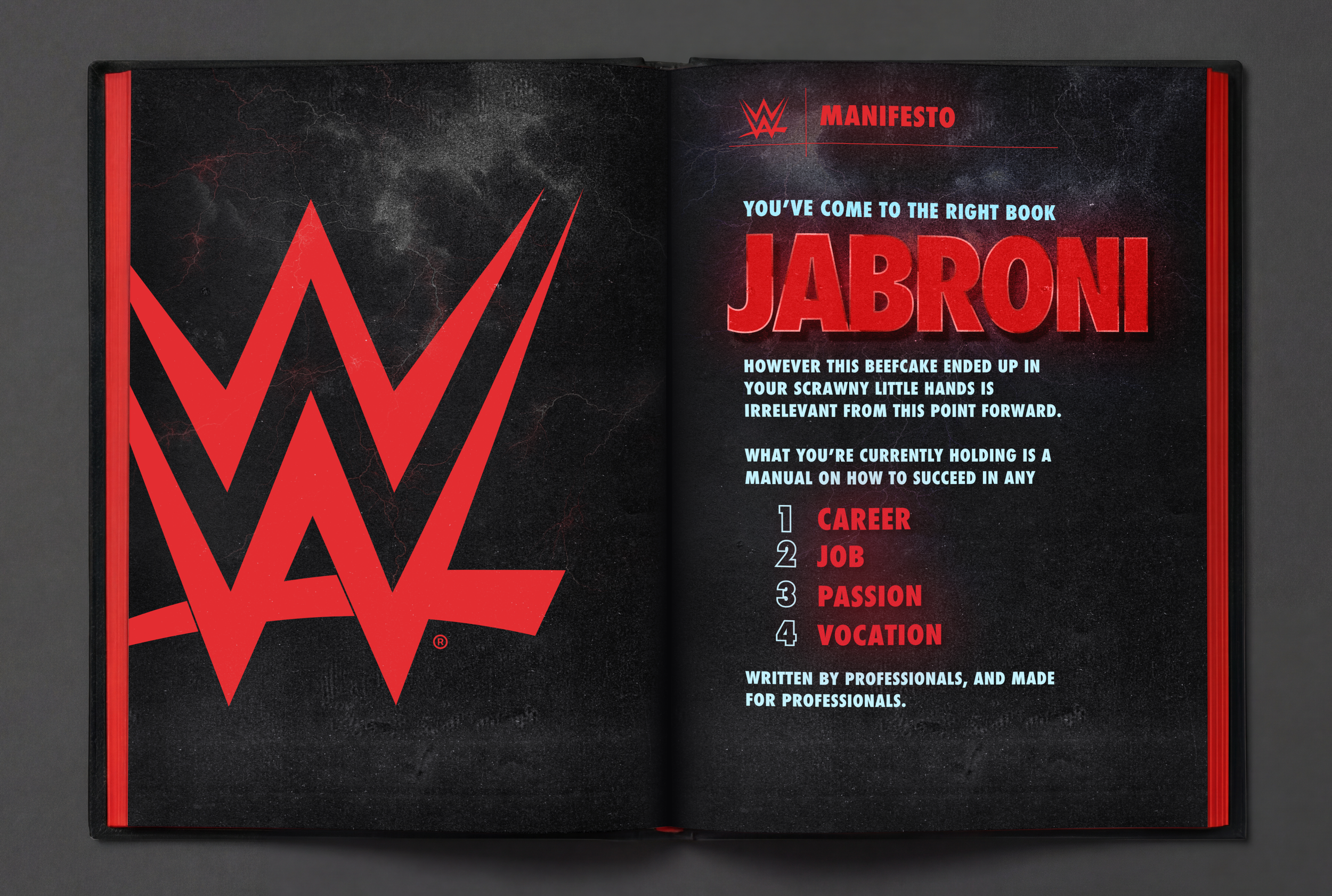 Open book with WWE logo on the left page and WWE manifesto on the right page, featuring a bold red and black design with blue text.