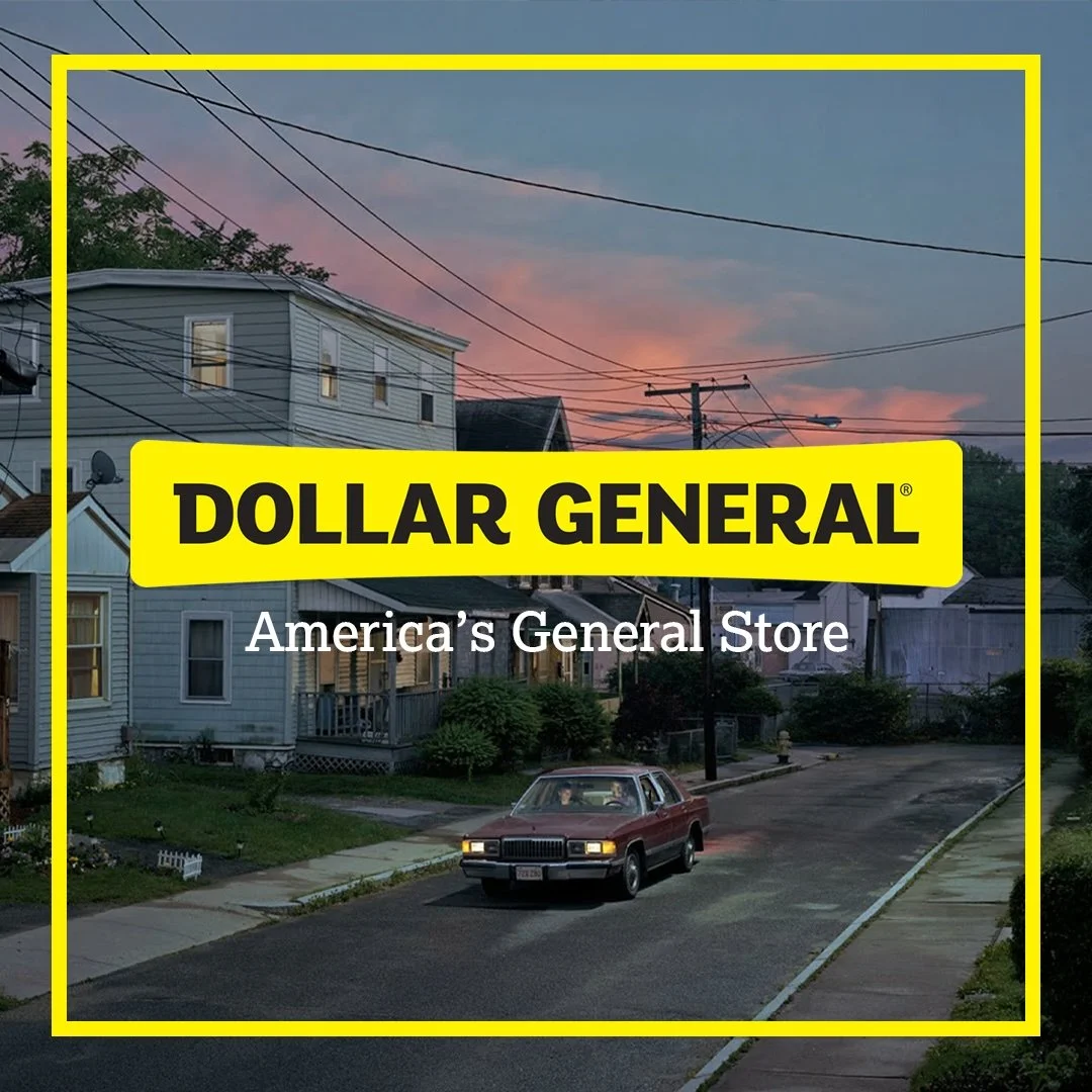 A suburban street scene at dusk with a parked vintage red car, houses, utility poles, and power lines against a colorful sky, with a yellow border and Dollar General logo overlay.