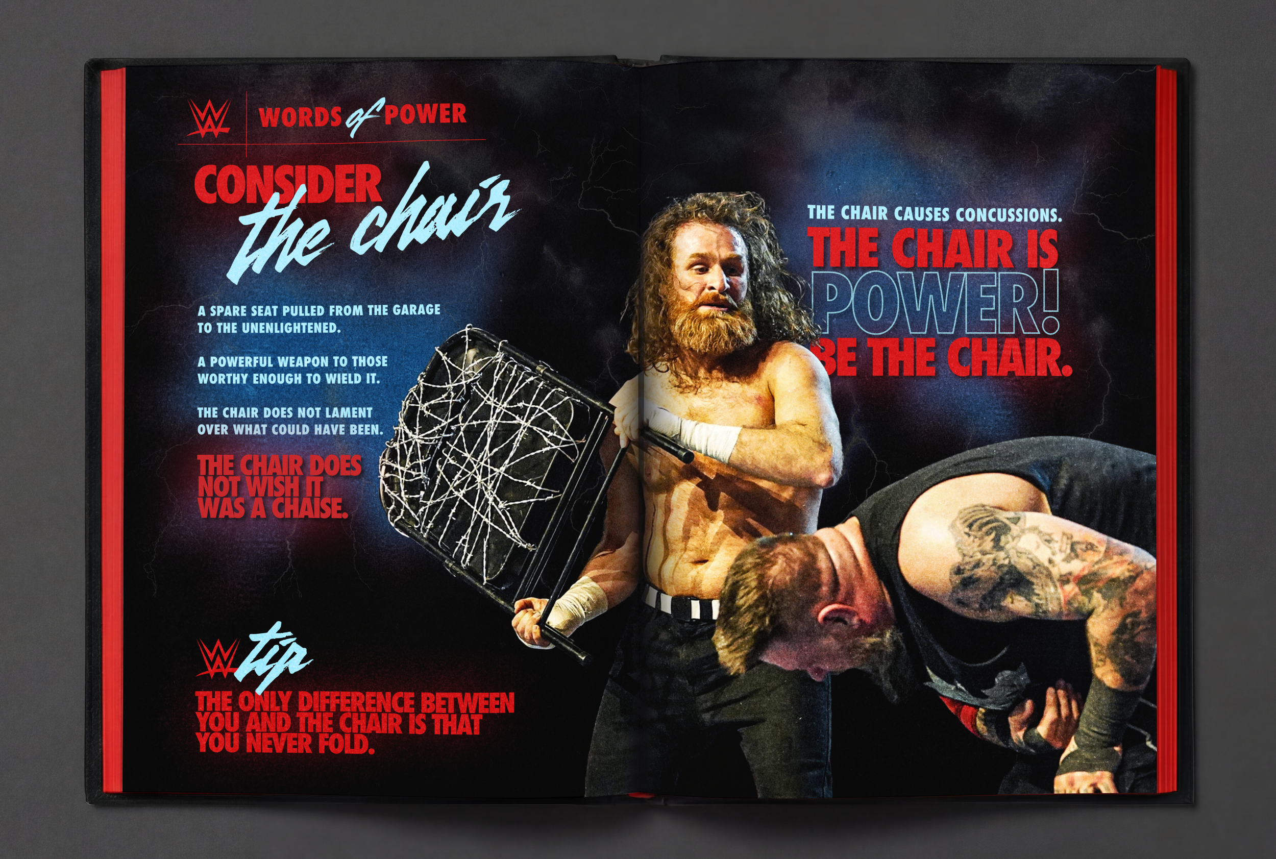 A wrestling scene with two men, one with a beard and long hair, holding a chair covered in barbed wire, and the other crouched, revealing tattoos on his arm, on a page with text about chairs and power.