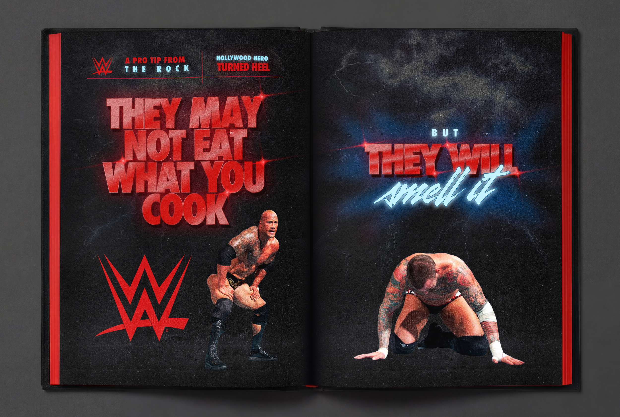 A two-page WWE magazine spread featuring a wrestling theme with a dark, stormy background and lightning. The left page shows a bald male wrestler with tattoos, wearing black trunks and knee pads, in an aggressive stance, with text that reads "They may not eat what you cook" and a WWE logo at the bottom. The right page has a wrestler on all fours with tattoos, with text that says "But they will smell it." The top of the spread has additional smaller text and WWE logos.