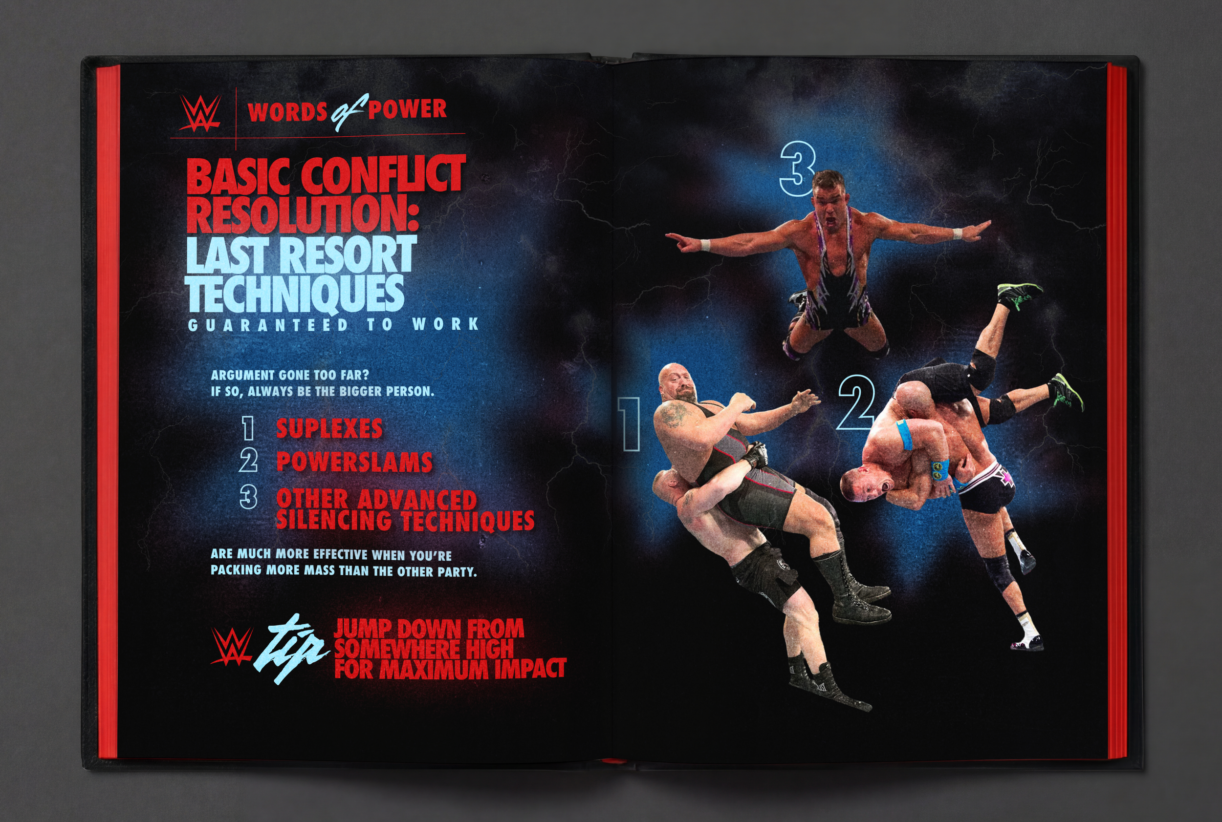 Page from a WWE magazine featuring wrestling techniques. On the right, three wrestlers in mid-action, numbered 1, 2, and 3, against a dark background with lightning. The left side lists conflict resolution techniques with headings: 'Words of Power', 'Basic Conflict Resolution', and 'Last Resort Techniques'.