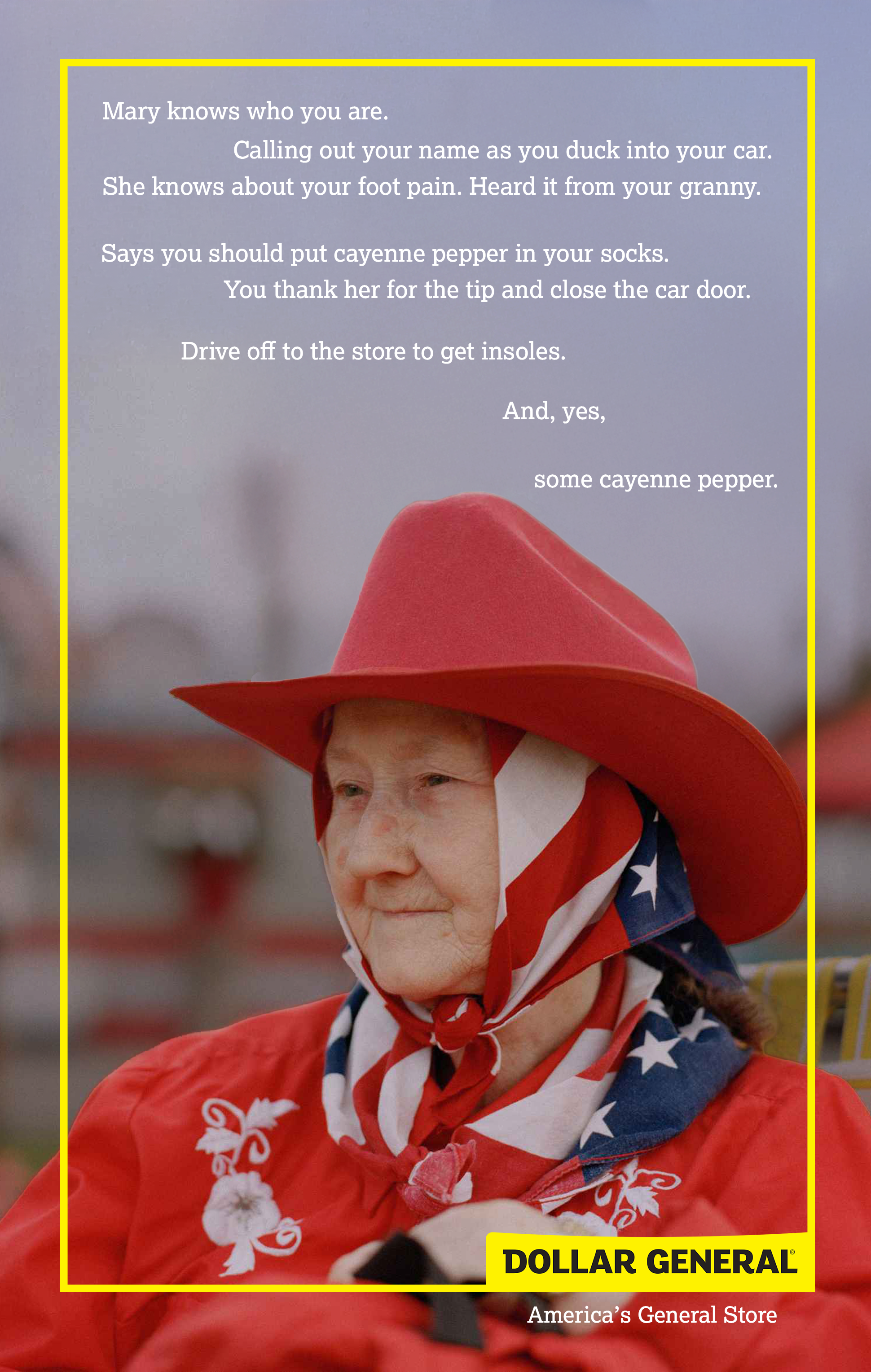A woman dressed in patriotic red, white, and blue clothing with a large red hat and an American flag bandana, smiling outdoors. Overlaid text reads a humorous poem about a granny, cayenne pepper, and grocery shopping, with a yellow border and Dollar General logo at the bottom.
