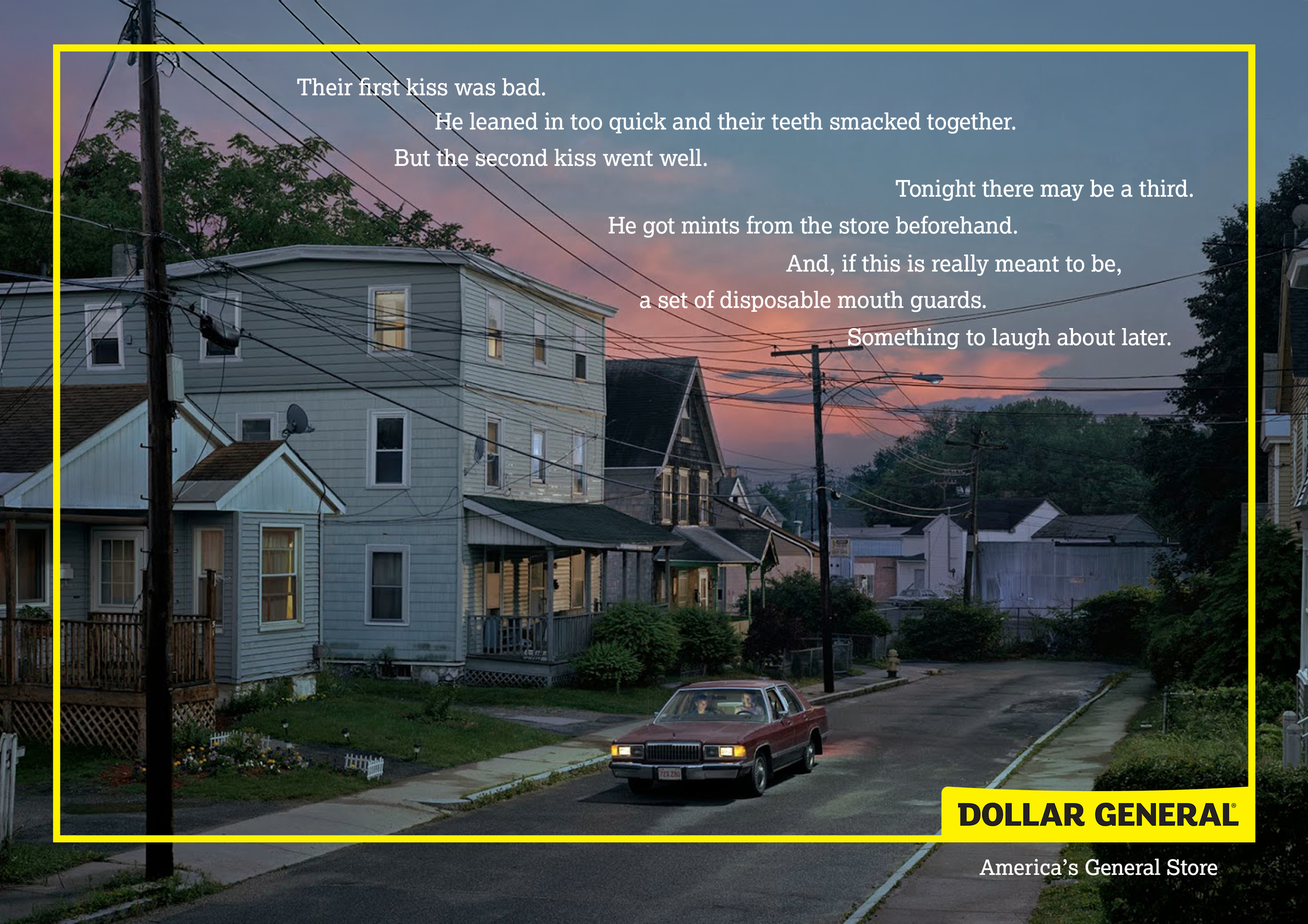 A suburban street scene at sunset with a purple and orange sky, power lines, and houses. A red vintage station wagon is parked on the street. Text overlay with a poem about kisses, mints, and humor, framed by a yellow border with Dollar General branding and slogan.