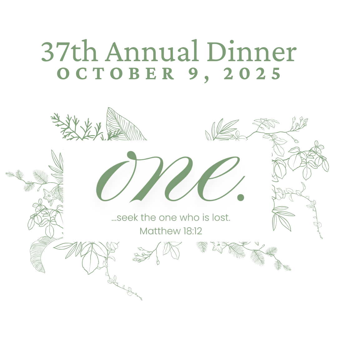 Invitation to the 37th Annual Dinner on October 9, 2025 with a quote from Matthew 18:12 and decorative green botanical illustrations.