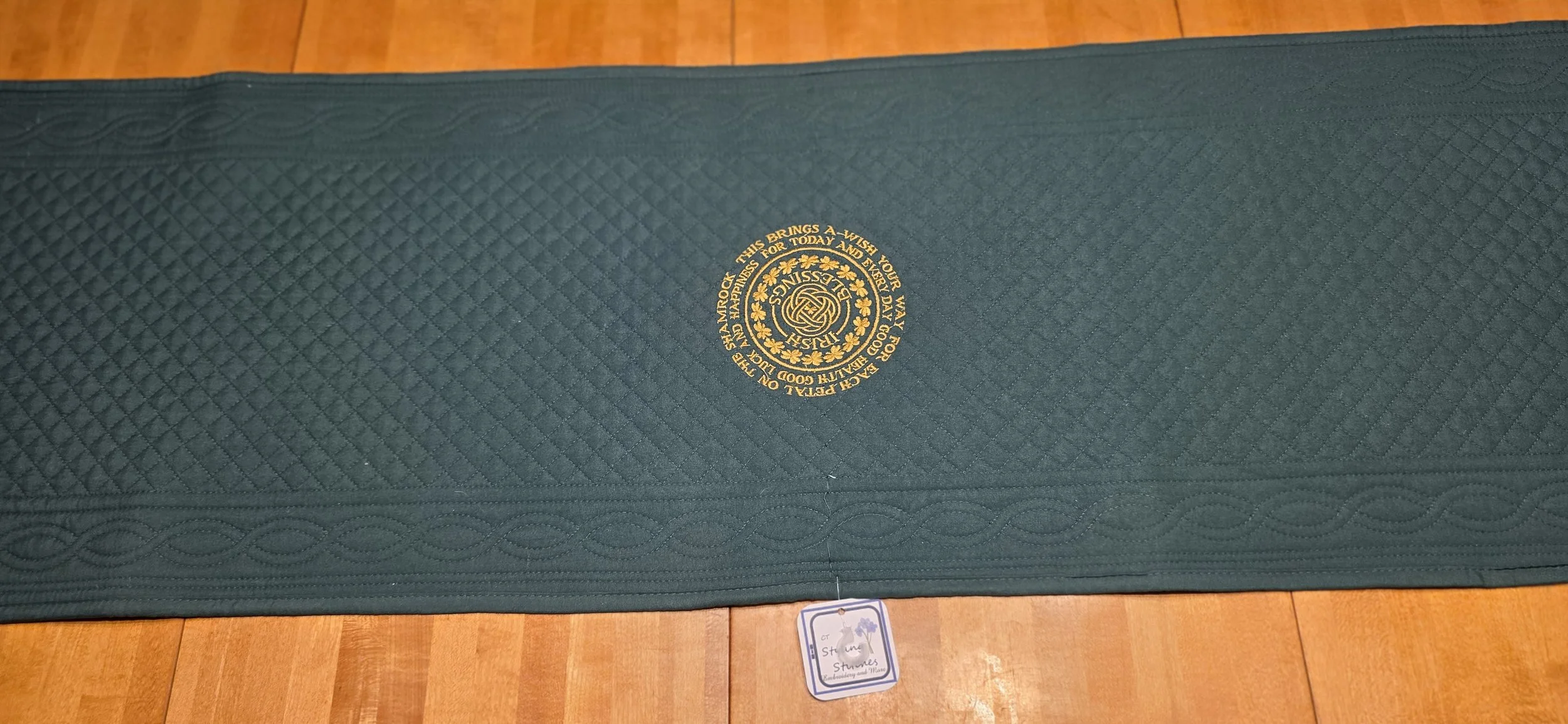 Embroidered green quilted table runner 14x72
