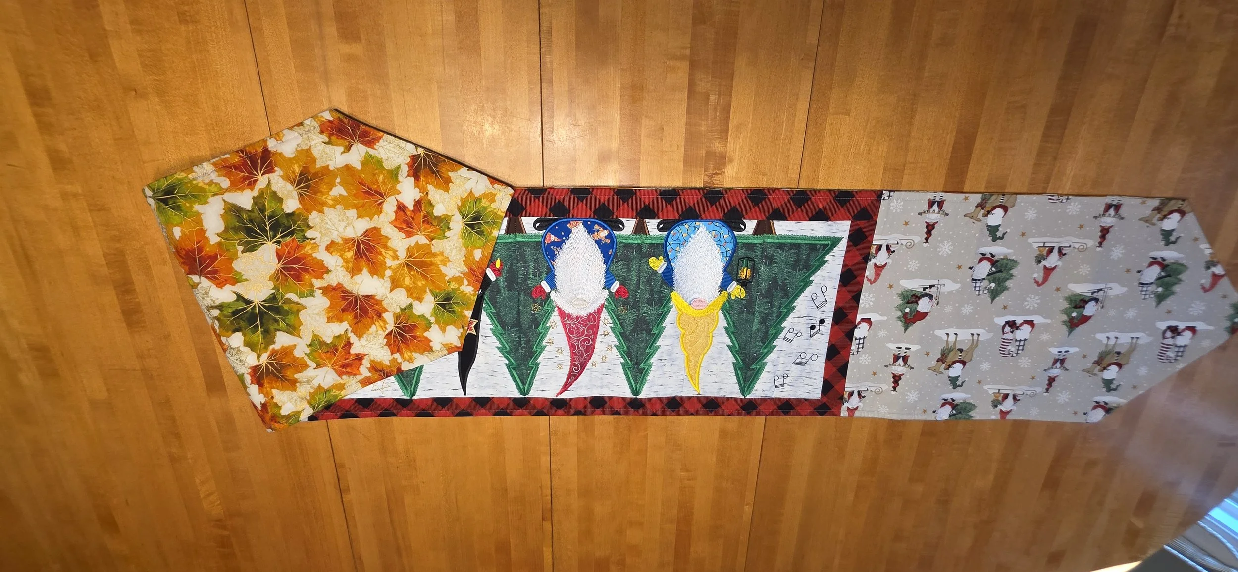 One of a kind Embroidered reversible gnome table runner with guilded fall leaves on reverse side 12"x68