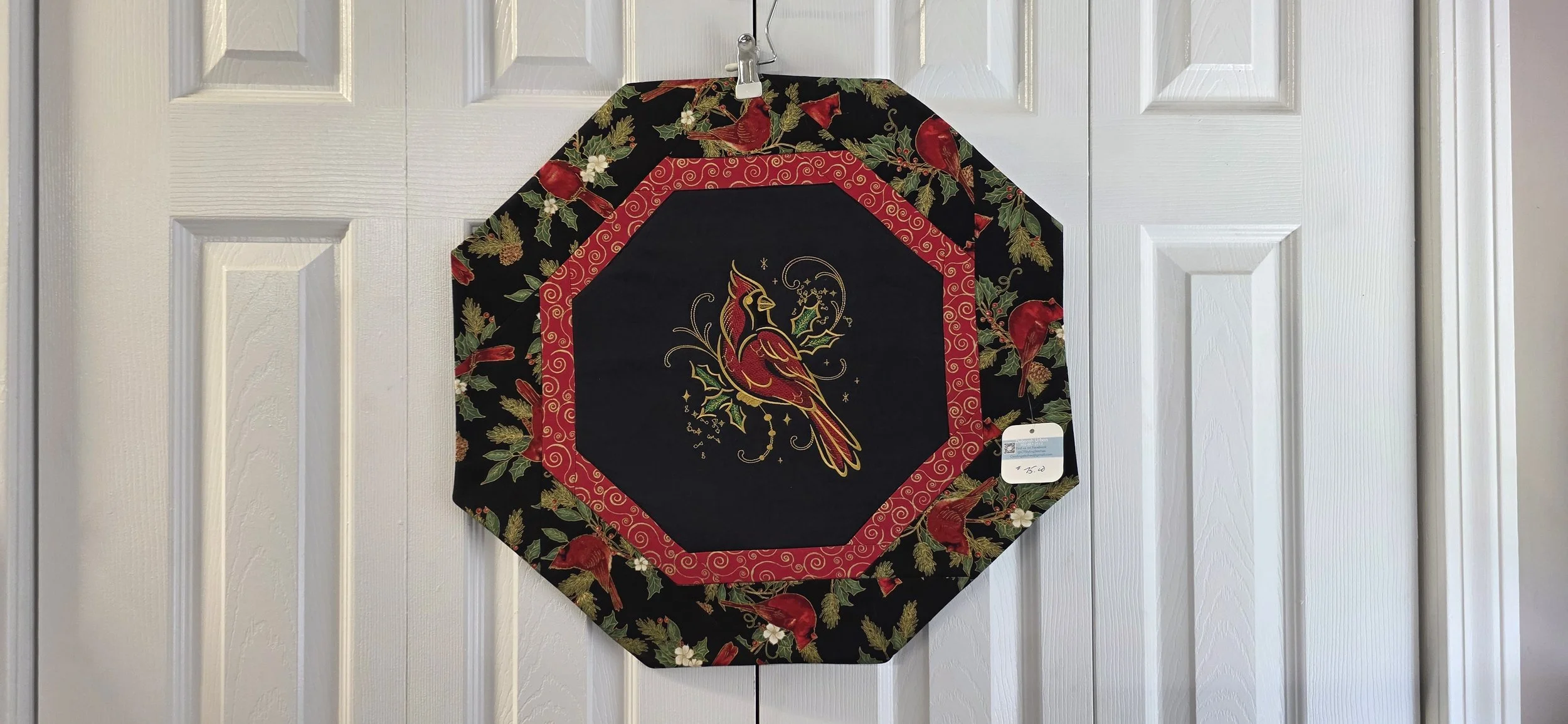 Red embroidered Cardinal table topper 20"x20