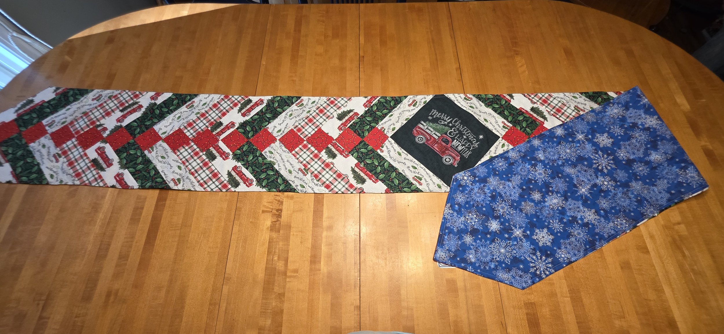 Guilded Embroidered Chrismas tree with reverside displaying a guilded embroidered  Menorah table runner. 10"x55
