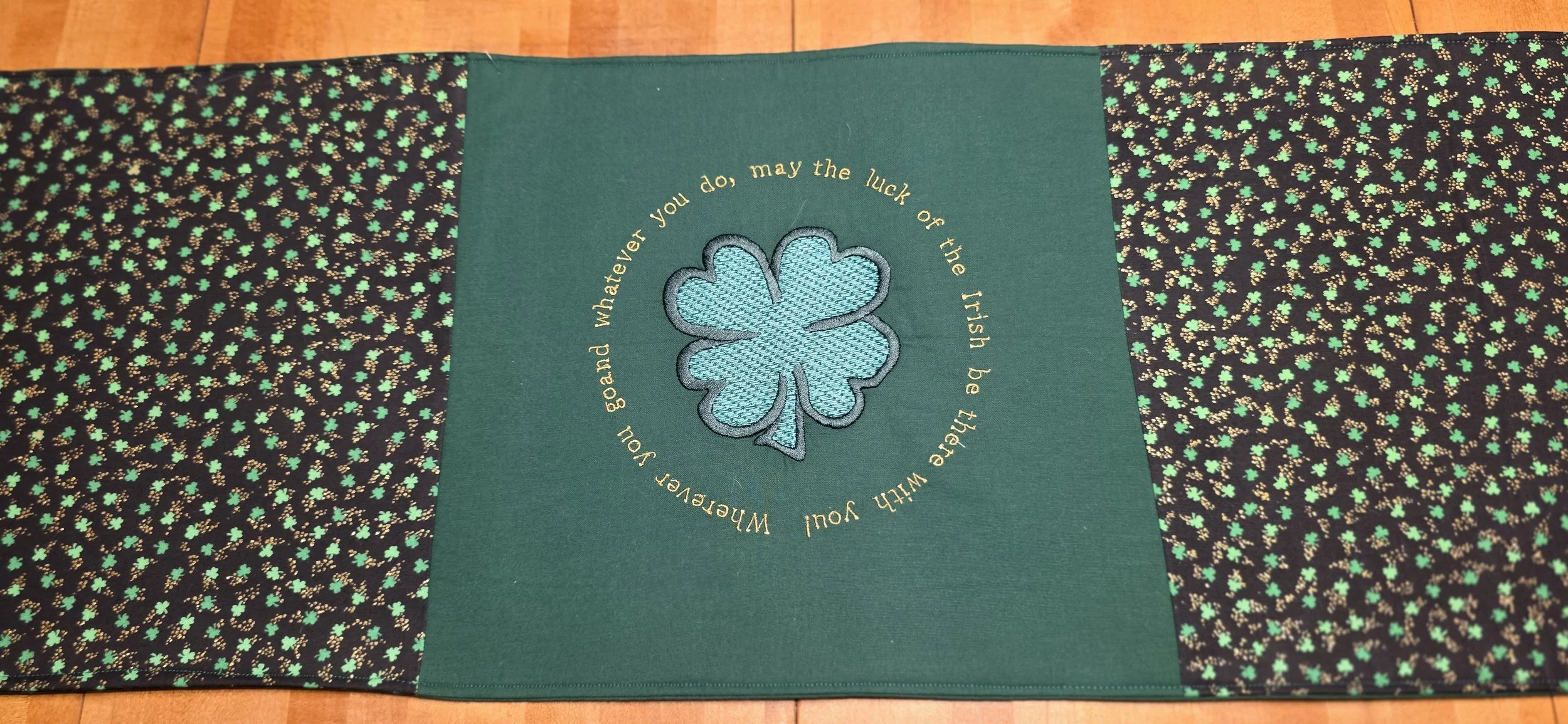 Irish blessing table runner with guilded clovers 12x52
