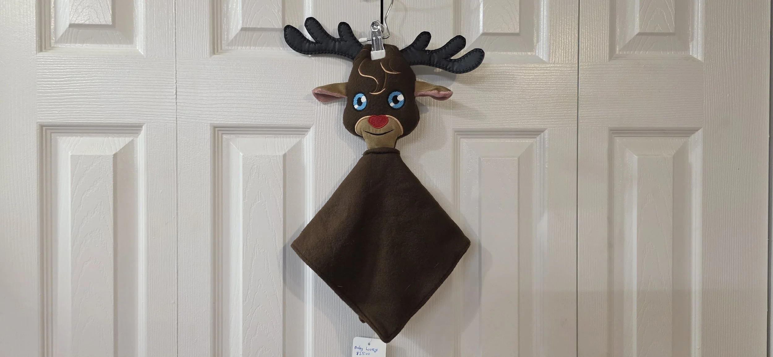 Chocolate brown in the hoop embroidered reindeer lovey  with rattle.