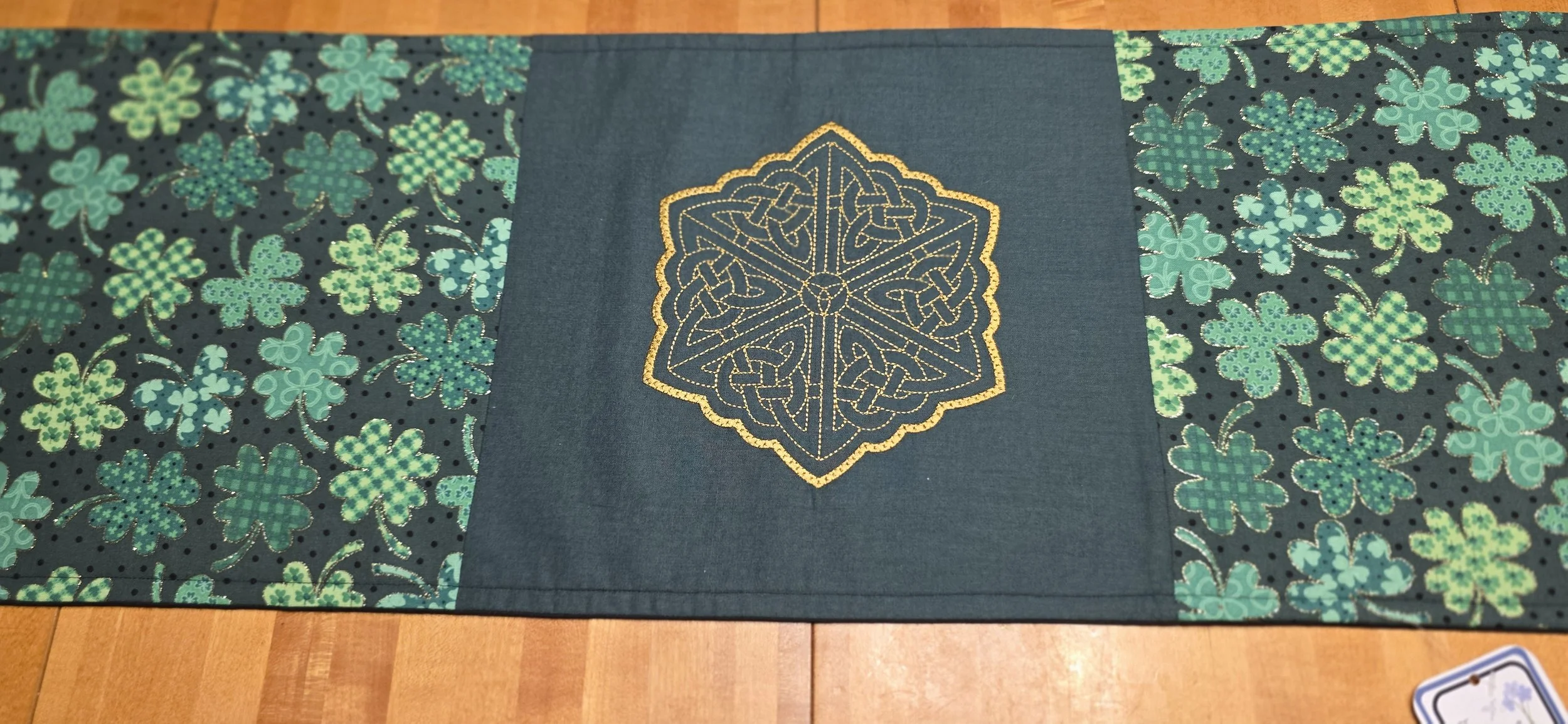 Celtic golden embroidred table runner with guilded shamrocks 11x52