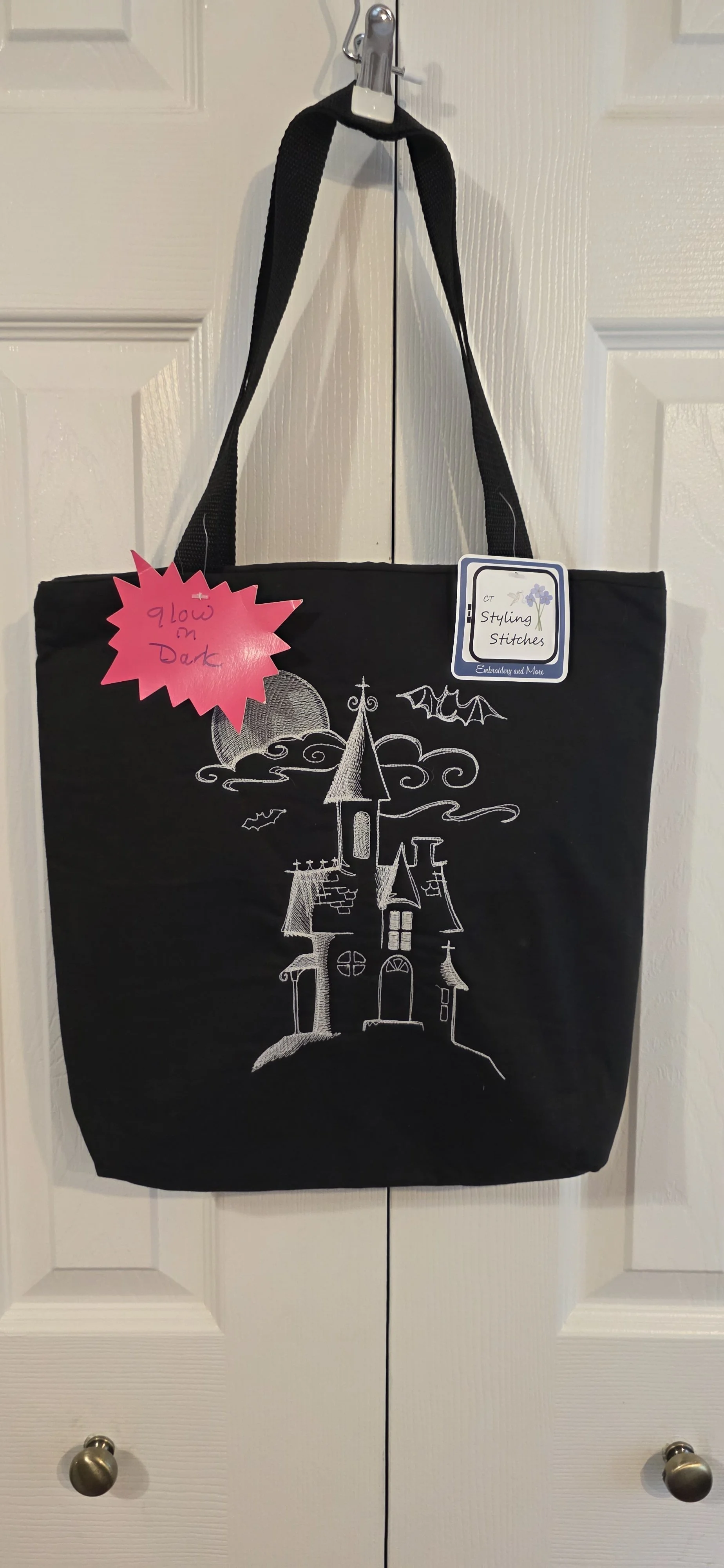 Glow in the dark haunted house embroidered halloween trick or treat bag 14x14