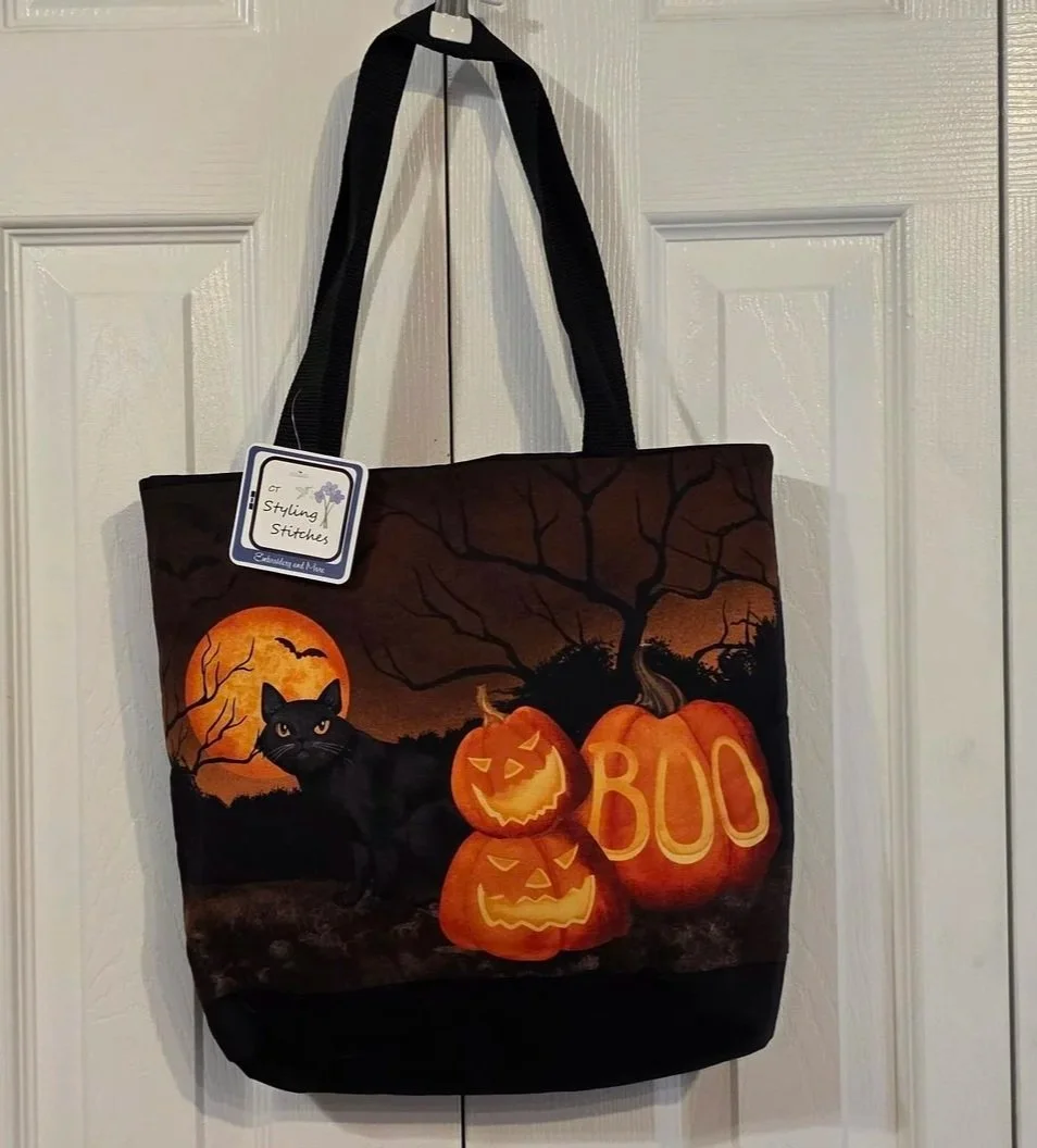 Cat pumpkin panel trick or treat bag 14x14