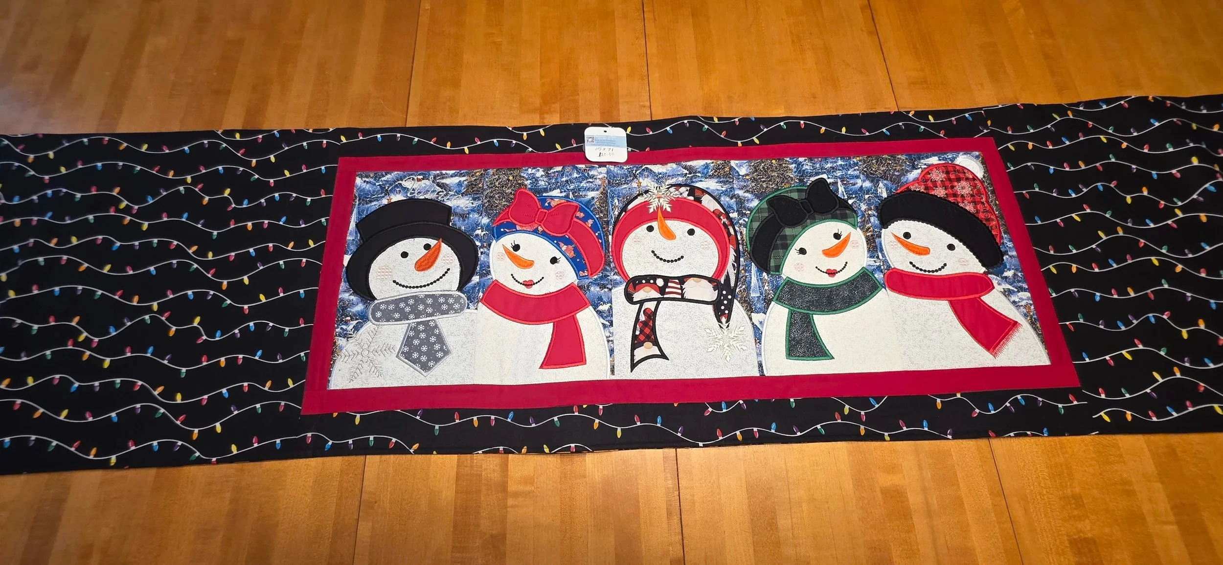 Embroidered Snowman couple reveresible table runner. Fall leaves on reverse side. 15"x71" one of a Kind