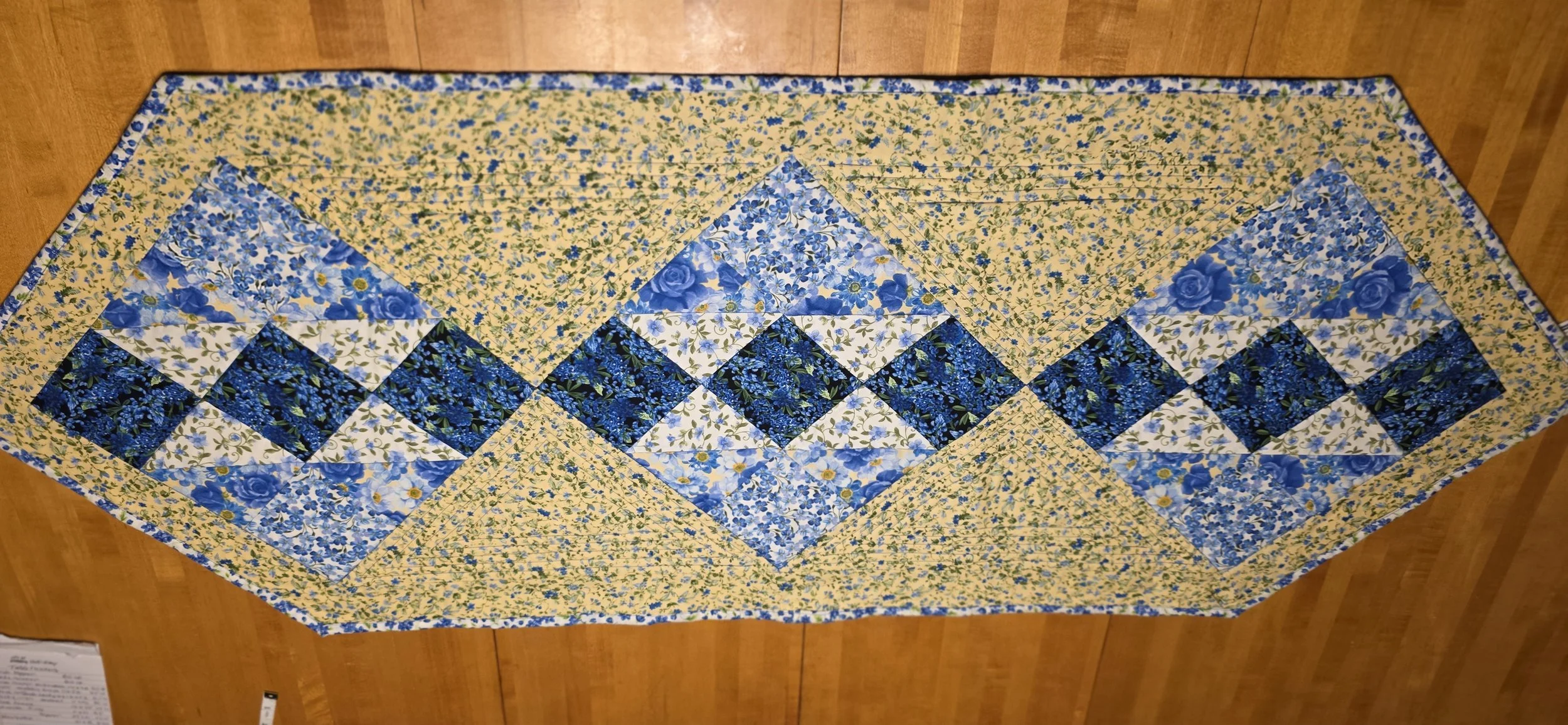 Yellow and blue spring floral quilted pointed table runner reversible 21x56