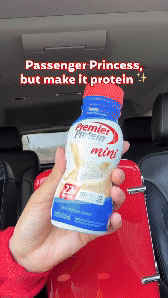 Don’t worry, we buckled in the mini fridge – gotta keep our shakes safe! #PremierProtein #ProteinShakes #PassengerPrincess #RoadTrip #Snacks.gif
