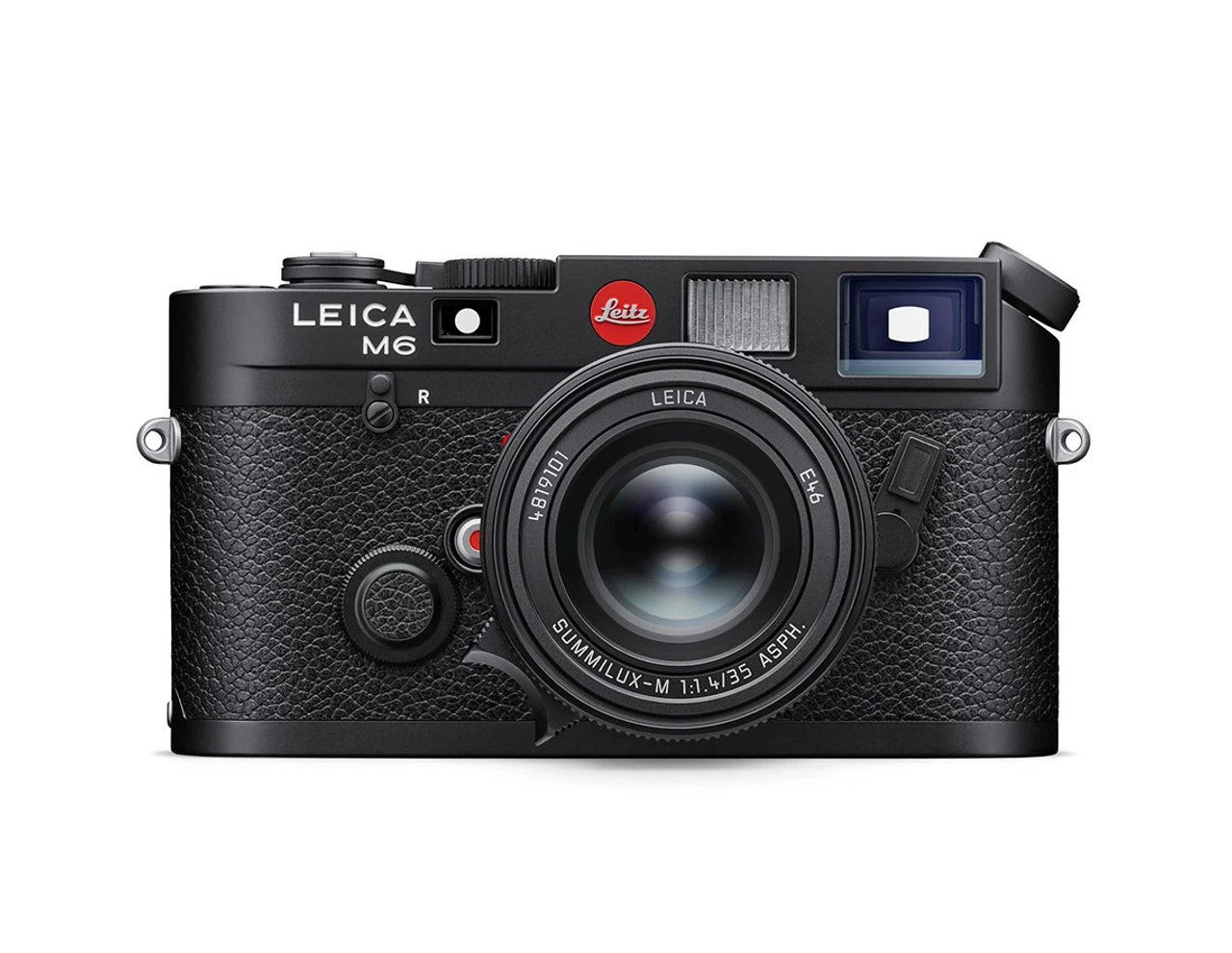 A Leica M6 film camera with a black body, a large lens in the center, and various buttons and dials, isolated on a white background.