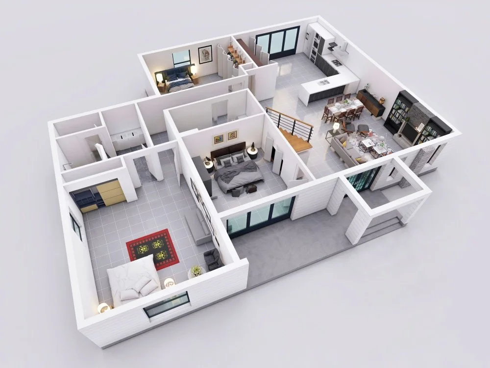 3D floor plan of a modern house with 3 bedrooms, an open kitchen and living area, and a small outdoor patio.