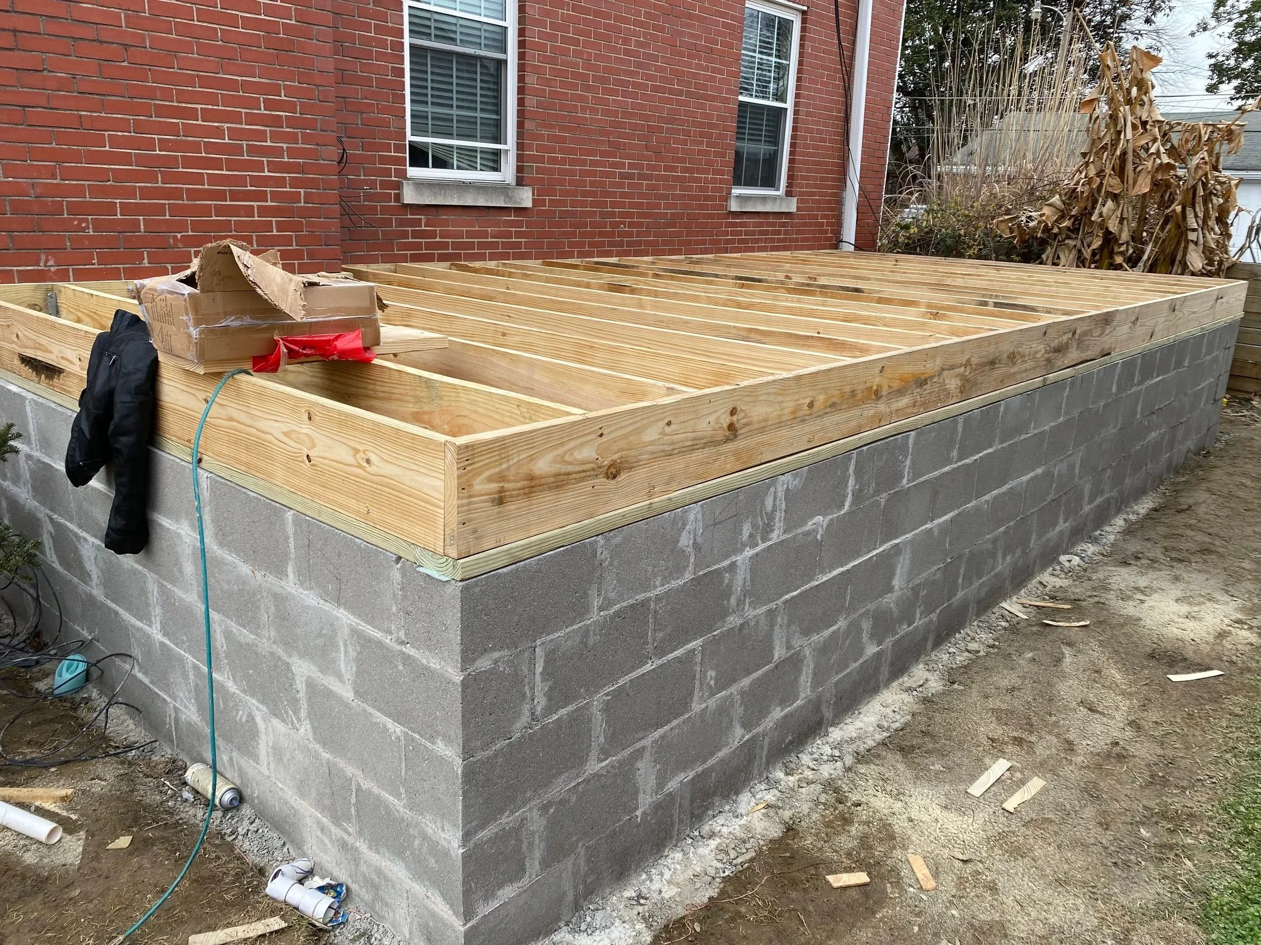 A progress photo of a crawl space home addition project in Clark County Indiana showcasing Esarey Constructions attention to detail and quality of work.