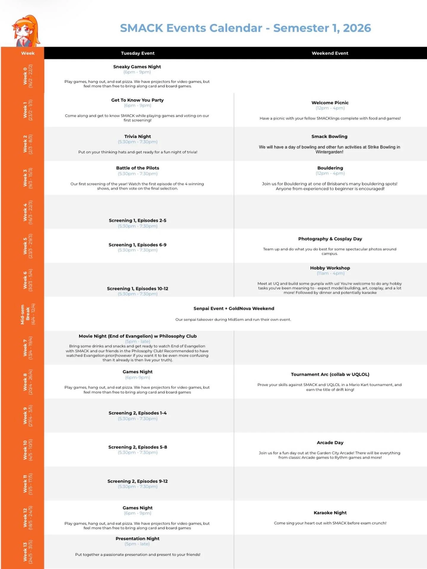 Here is a look at our events calendar for Semester 1, 2026! 

If you want a closer look at any of our events, check out our website to learn more or join our Discord to stay up to date with what&rsquo;s happening! 

#uq #smackuq