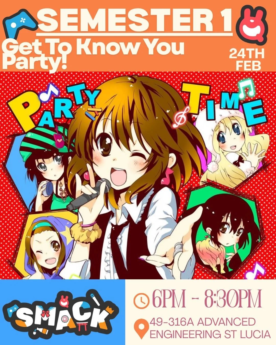 Come to our Semester 1 Get To Know You Party! 

This event will be held on the 24th of February in 49-316A Advanced Engineering at UQ St Lucia from 6-8:30pm. 
Get to know your fellow Smacklings through games and help us decide on our first screening 