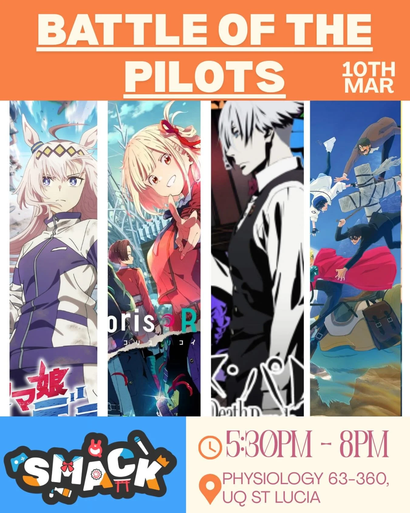 Tonight we will be screening the first episode of each of our GTKYP Anime winners! We will then vote on what anime you want to be screened throughout the sem in its entirety! ( ॣo ᴗo ) 🍿 🎥 

The shows pitted against each other tonight are:
- Death 