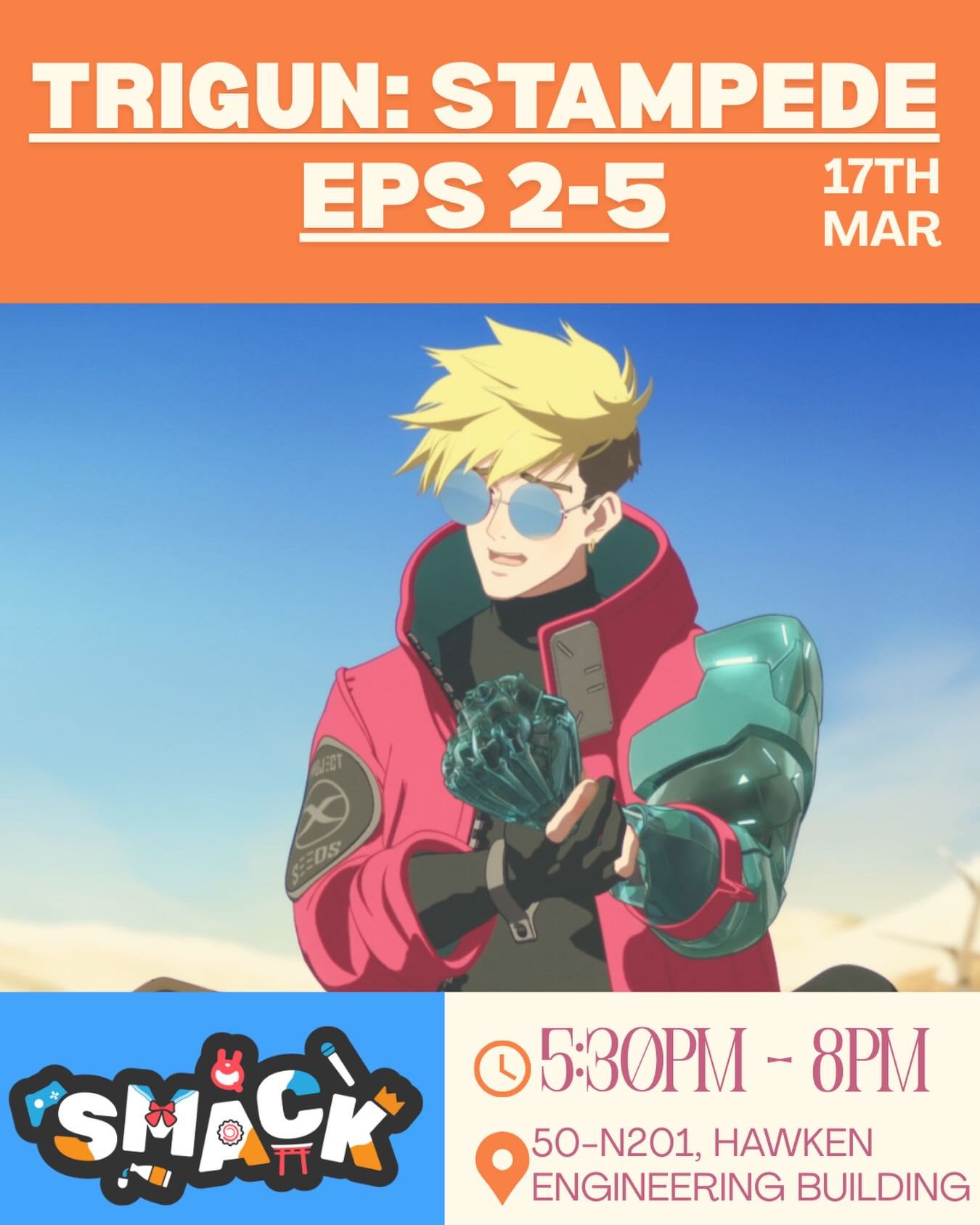 Join us for Trigun: Stampede!!!
We will be screening episodes 2-5 tonight at 5:30!!! Come and join us! We will be heading out afterwards for dinner!