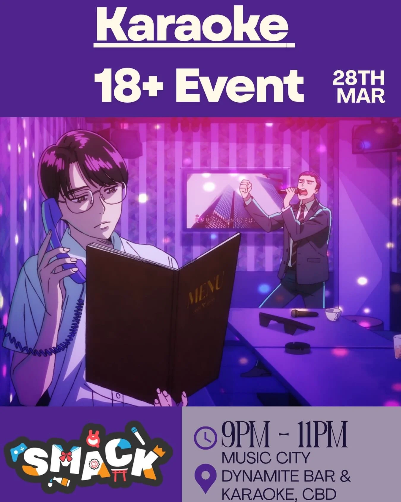 Come to Karaoke on Saturday night!

We will meet at the stairs beneath Music City at 8:40PM to process payments. It is $15 per person. 
As Music City is a BYO alcohol venue, this event is 18+. We thank you for your understanding.

‼️If we have an exc