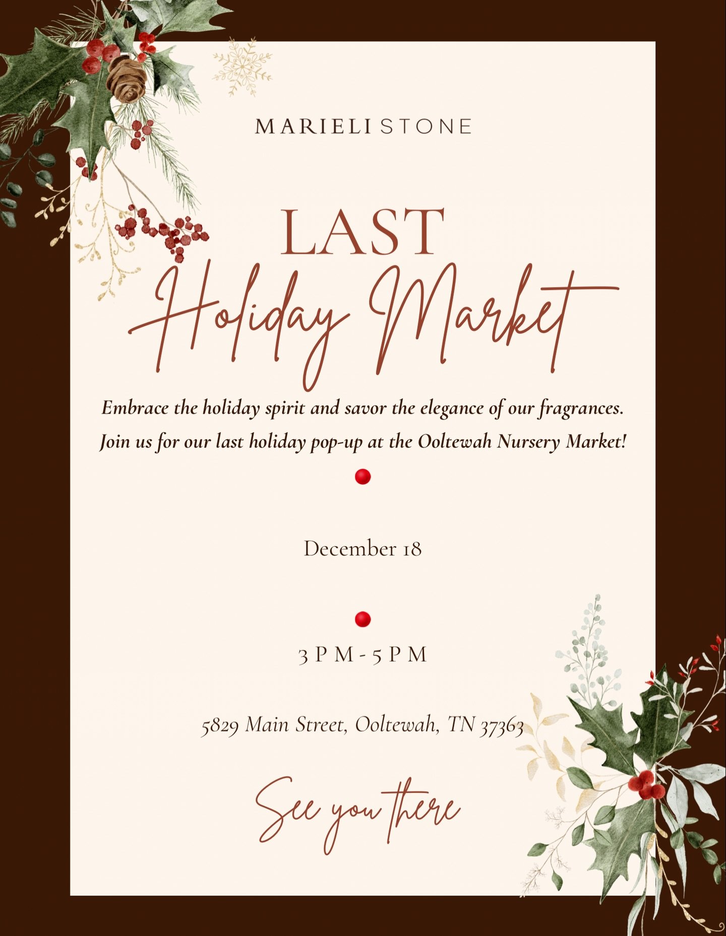 🎄✨ Last chance to experience Marieli Stone fragrances in person this holiday season!

Our final market of the year is on December 18 from 3&ndash;5 PM, and I can&rsquo;t wait to see you all. 💙

Whether you&rsquo;re shopping for Alma Flora&rsquo;s b