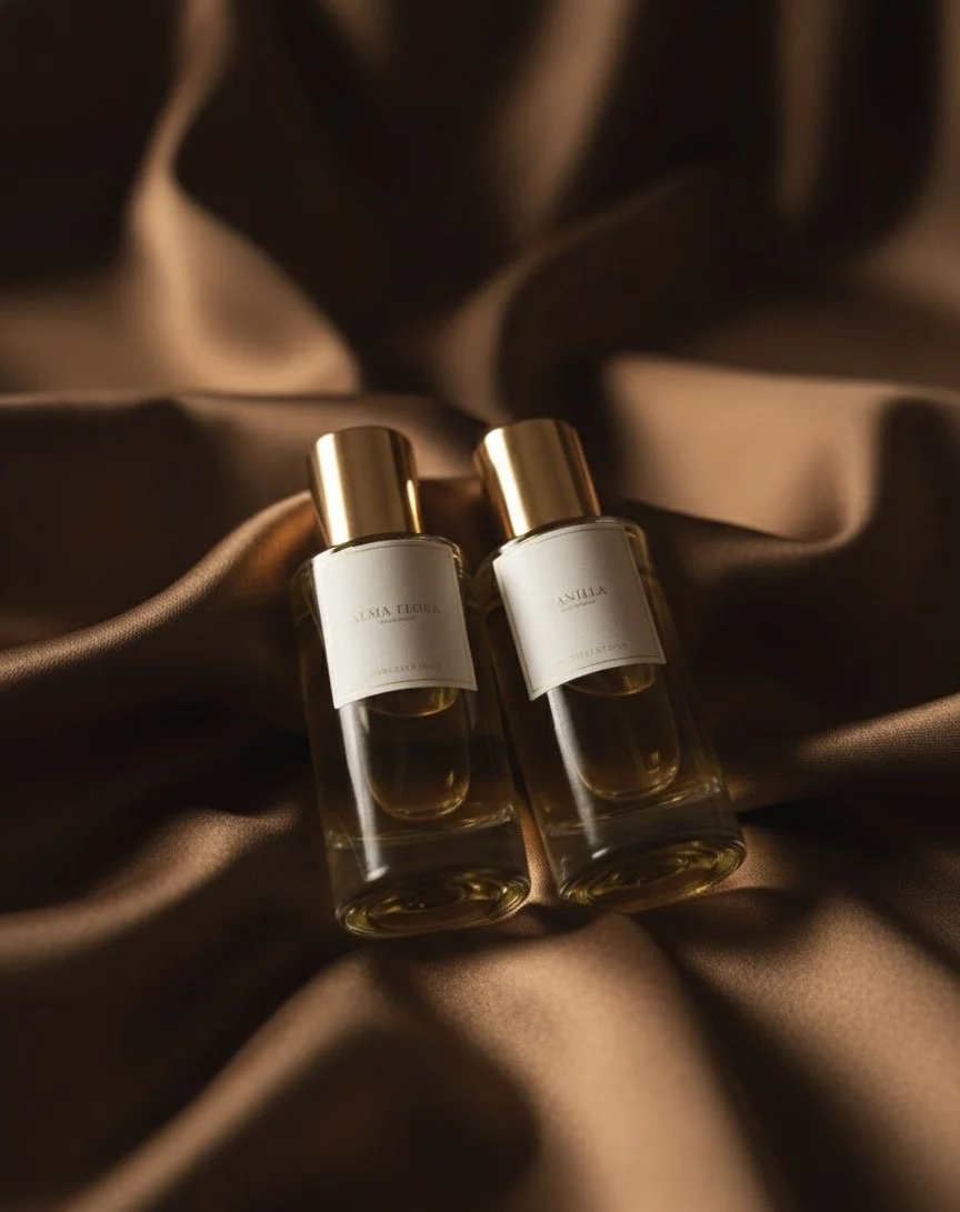 Two perfume bottles with gold caps and white labels resting on dark brown satin fabric.