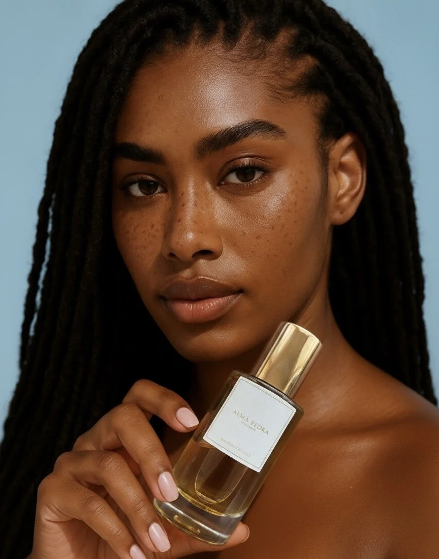 dark skinned woman with long dreadlocks holding a nontoxic perfume bottle