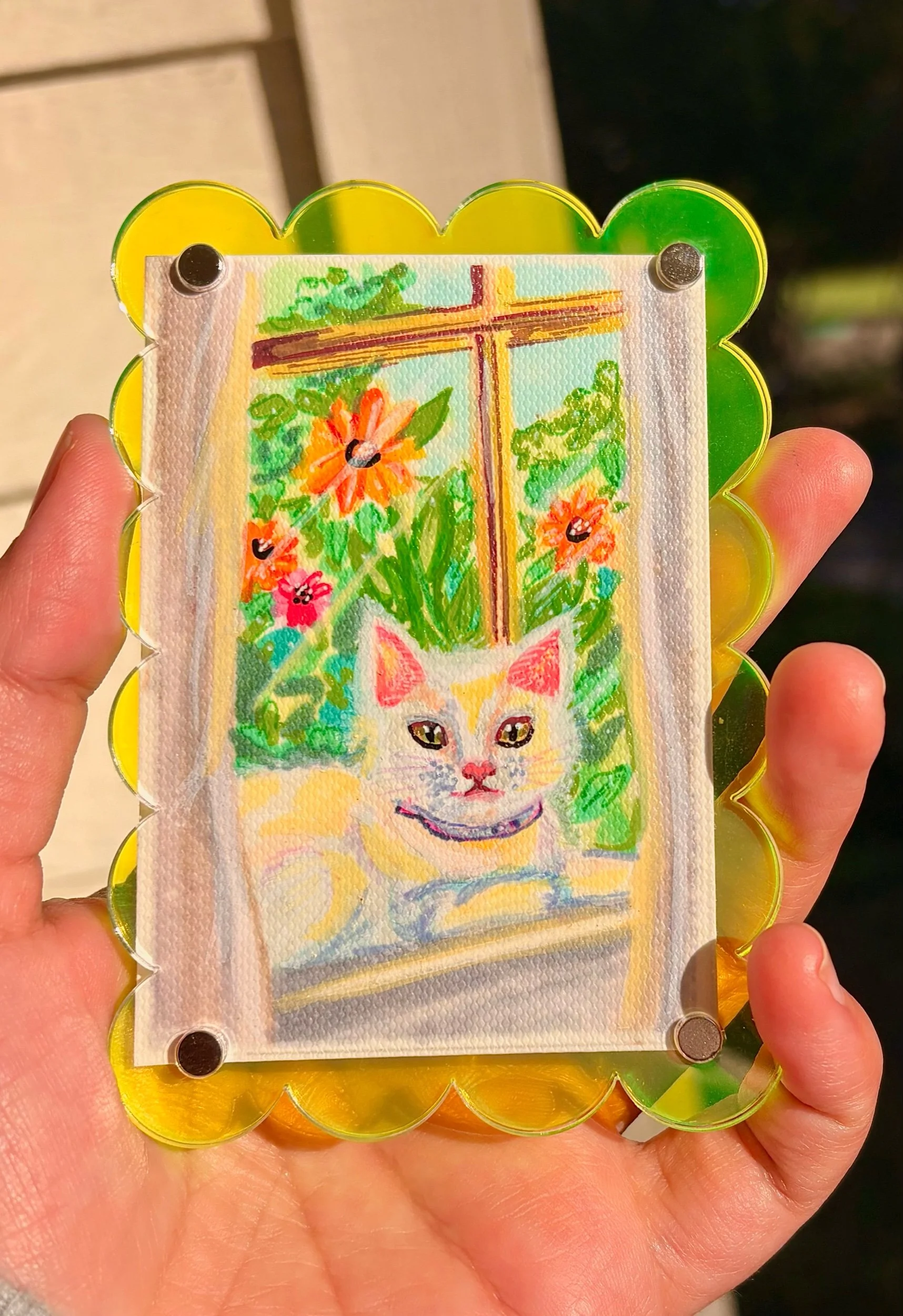ACEO Hand Painted Original “Azucar & Her Garden” Cat Refrigerator Magnet