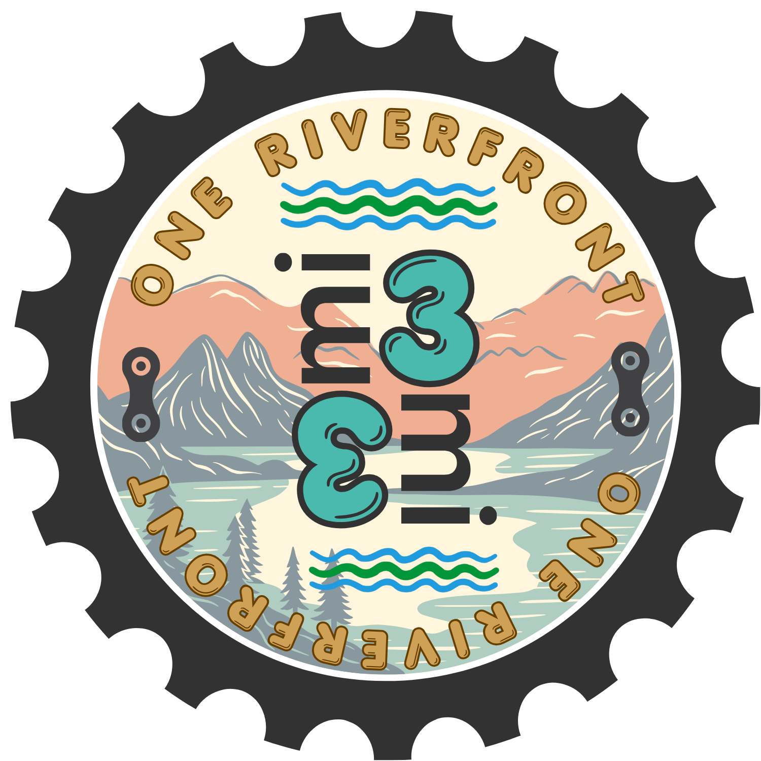 Custom printed outdoor-themed stickers or branded patches for 'On The Riverfront' (2023) in Grand Junction, CO.