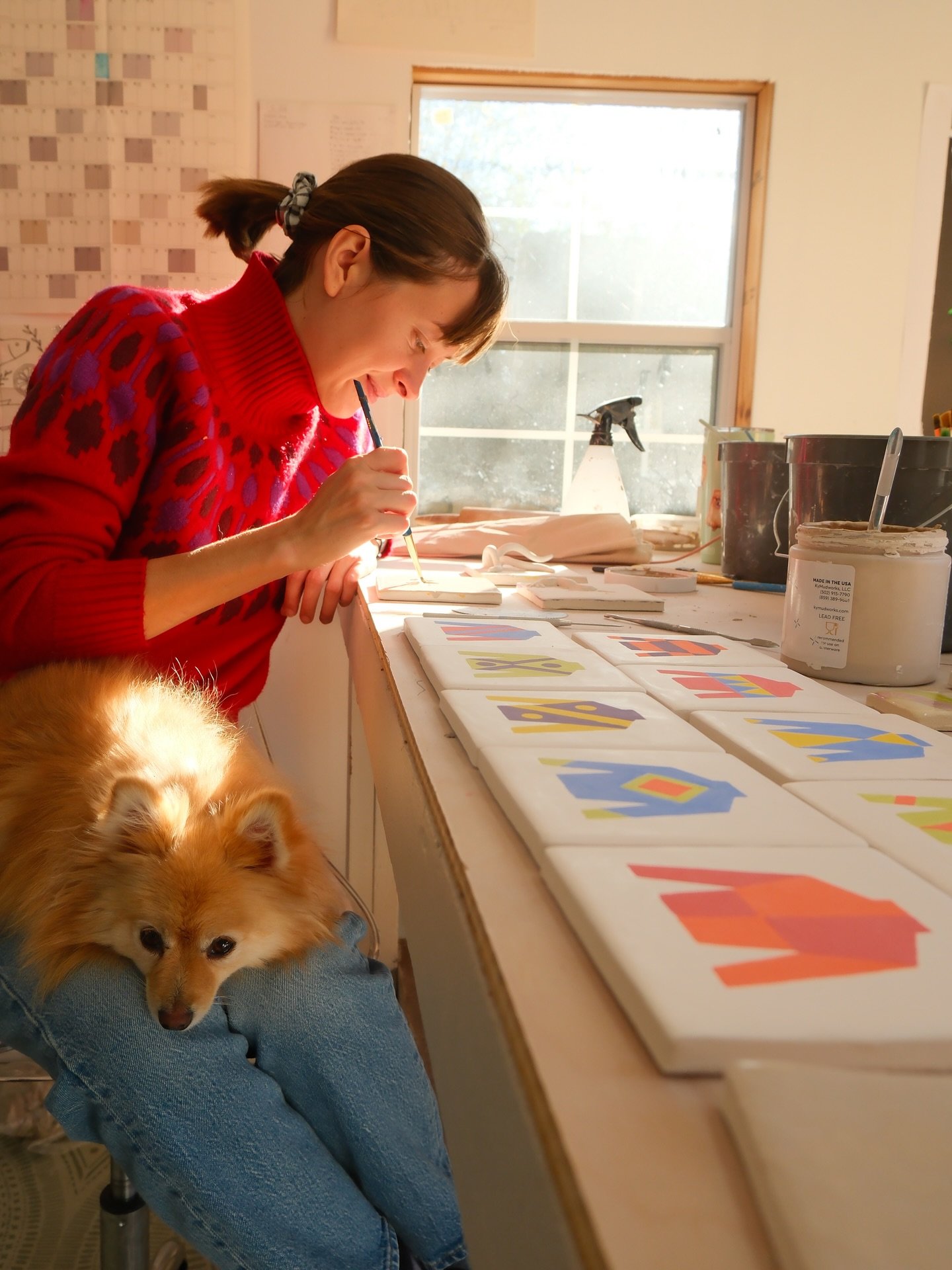 Glazing tiles with the studio doors wide open. Not too bad for a breezy November day. Excited about our new jockey silk tiles! They&rsquo;re so fun and perfect for Derby.

#ceramictiles #tilelove #interiordesign #interiordecor #tiledesign #ceramicart