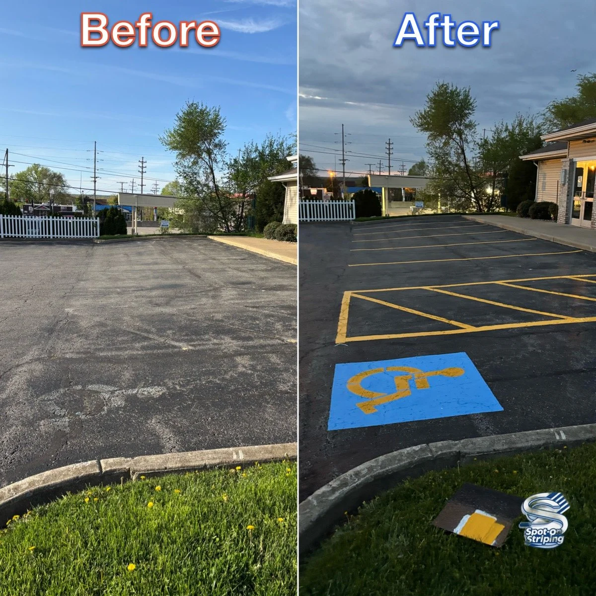 Side-by-side comparison of a parking lot before and after repainting. The "before" side shows an aged, cracked asphalt lot with no markings. The "after" side shows freshly painted lines, including a handicapped parking space with a blue and yellow sy