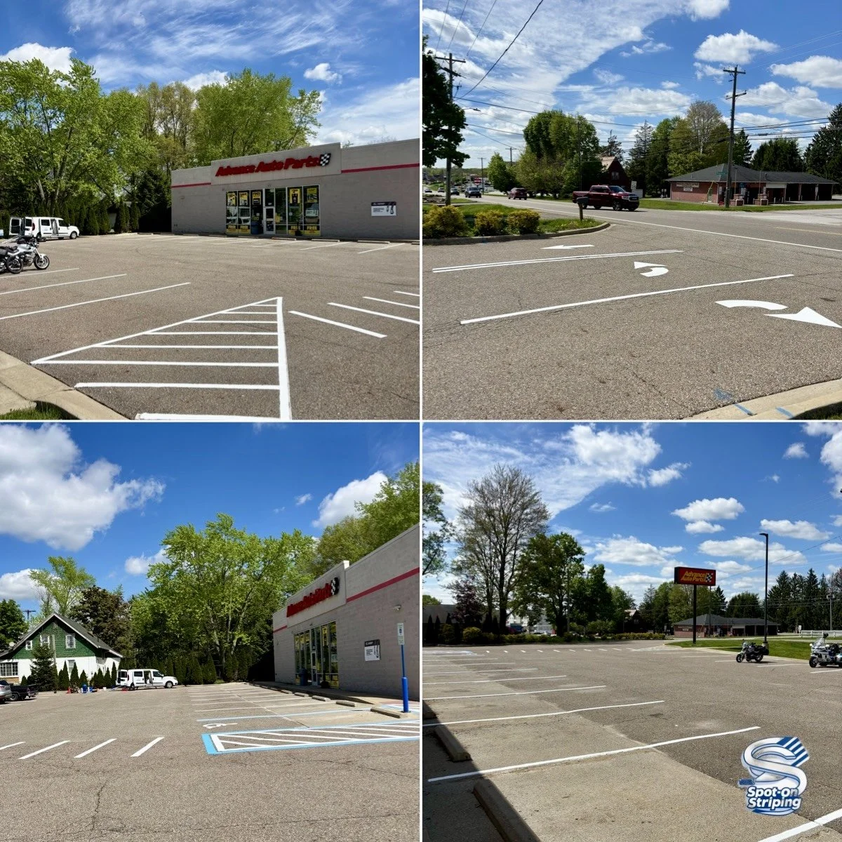 Comparison of parking lot stripping, showing different styles of parking space markings on multiple views under a clear, partly cloudy sky.