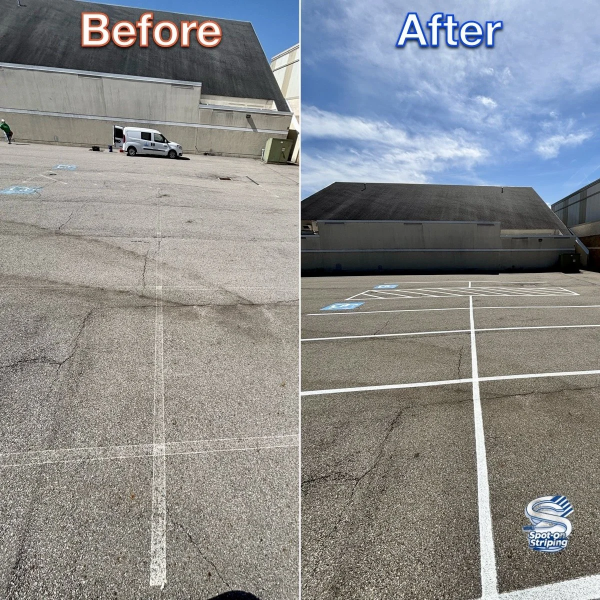 Before and After pictures of a parking lot in Youngstown, Ohio that shows faded lines in one picture and bright fresh lines in the other. 