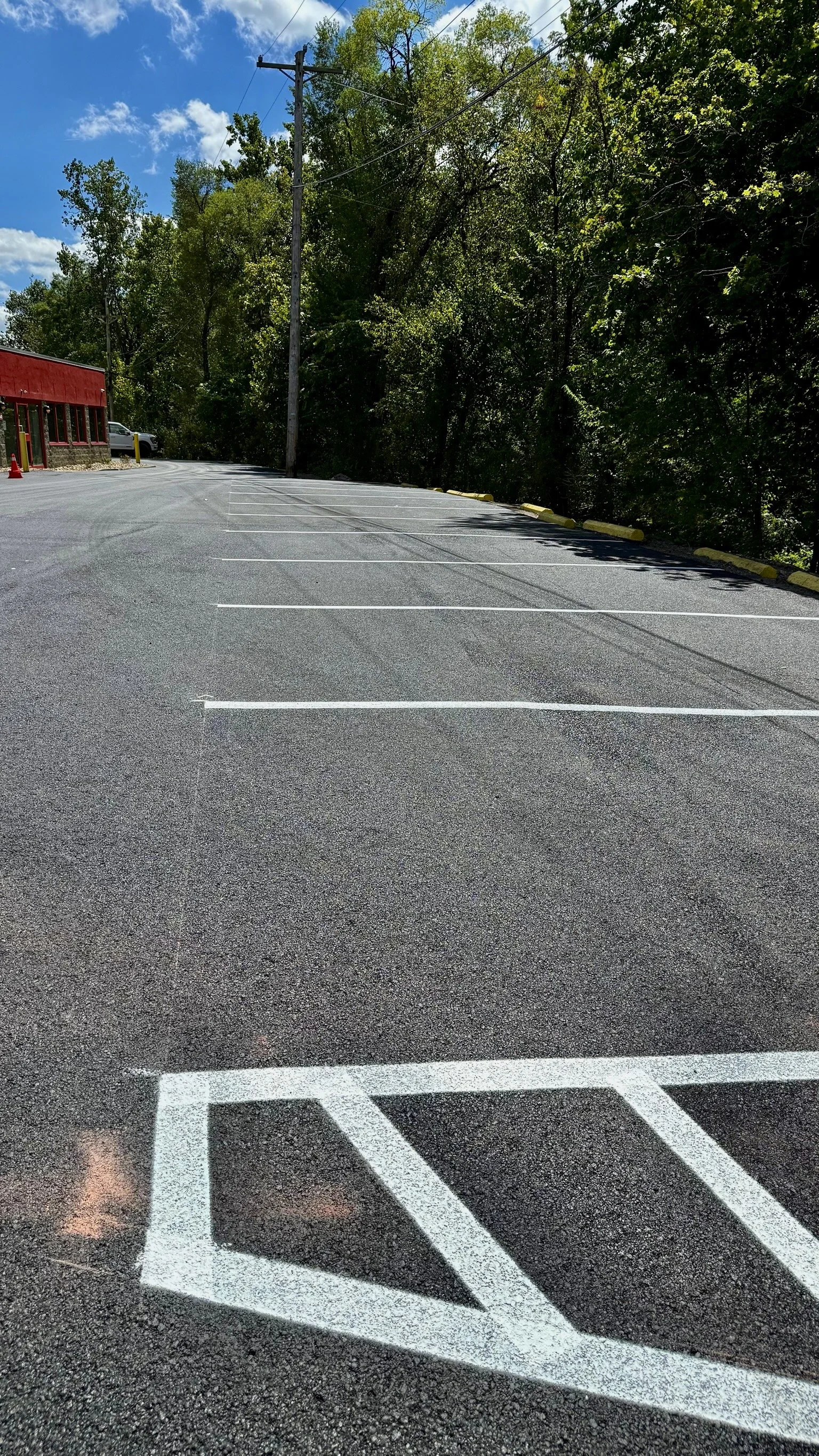 Empty parking lot with white painted lines and a large white writing near the front, adjacent to a wooded area with trees and a utility pole, under a partly cloudy sky.
