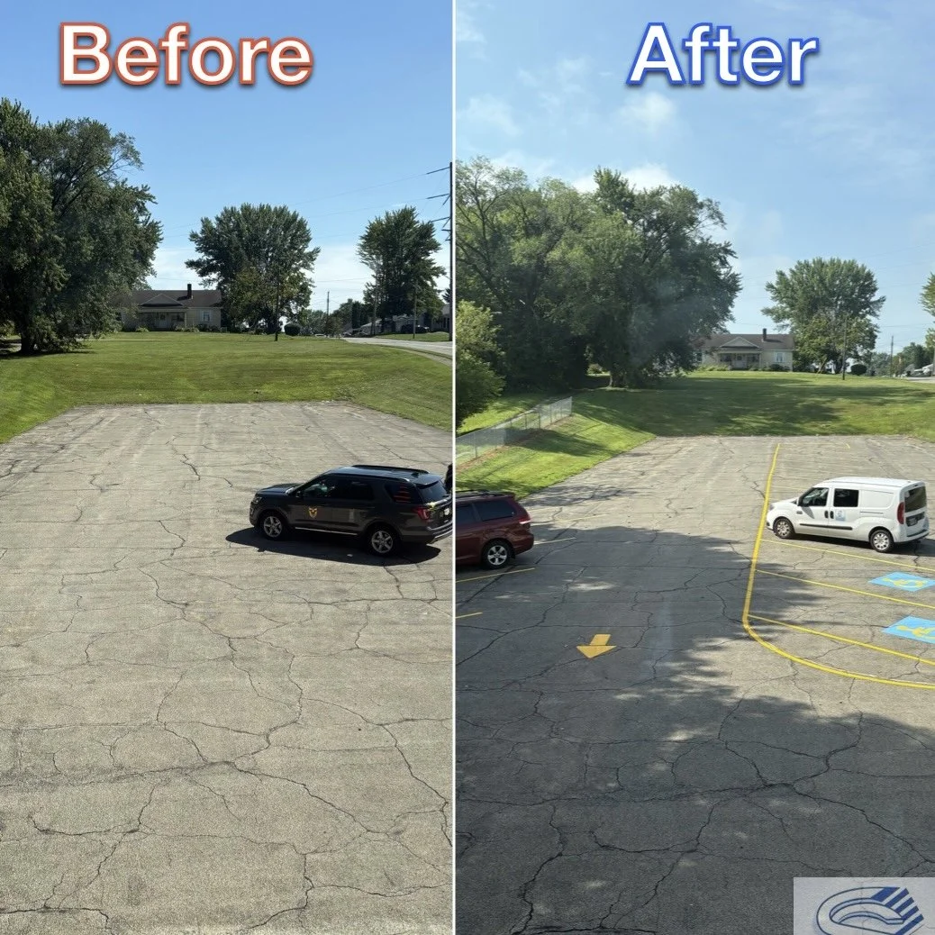 Side-by-side comparison of a parking lot before and after cleaning. The 'Before' side shows a cracked, dirty lot with a single parked black SUV. The 'After' side shows a cleaner, darker lot with painted parking lines, a white van, and a tree providin