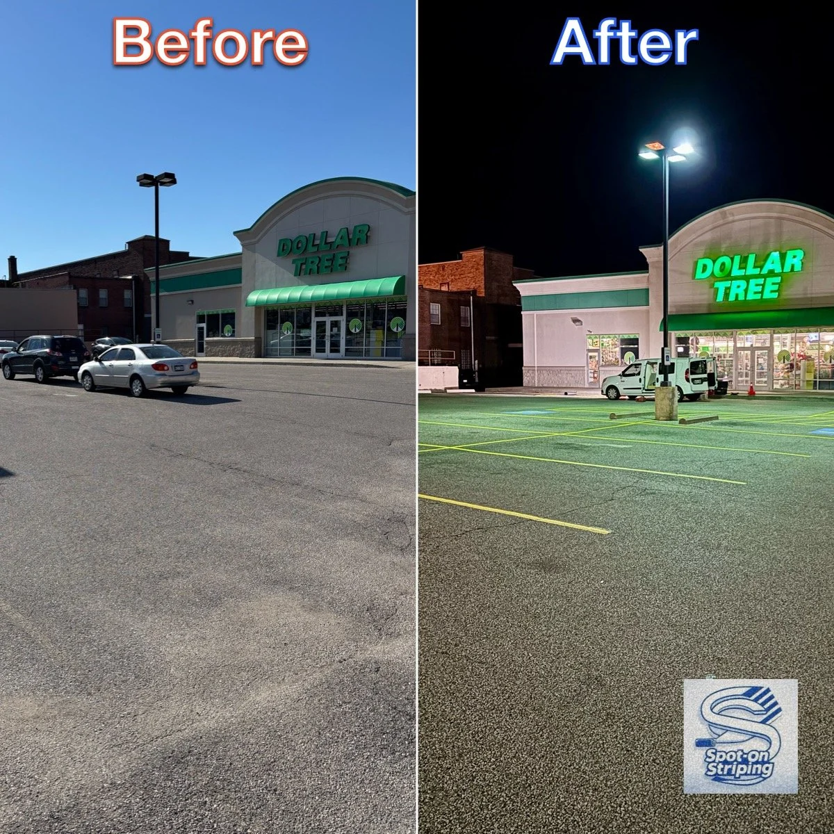 Comparison of a parking lot and store exterior during day and night. Day side shows cars parked outside Dollar Tree store under sunlight, night side shows the same store illuminated by bright lights with empty parking spaces.
