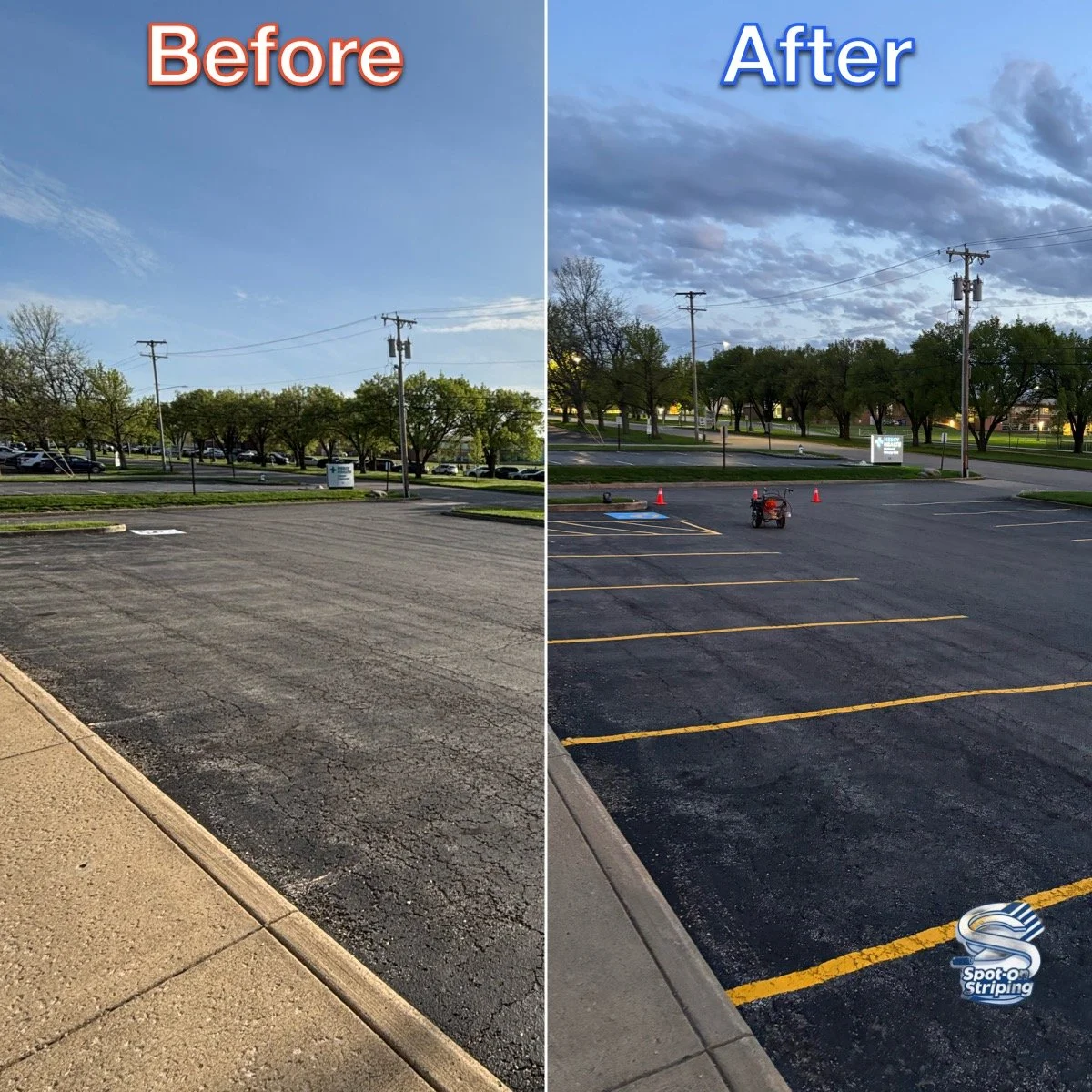Side-by-side comparison of a parking lot before and after repainting. The "before" shows a worn, faded surface with no visible parking lines. The "after" displays freshly painted yellow parking lines and cones, with a small generator or equipment in